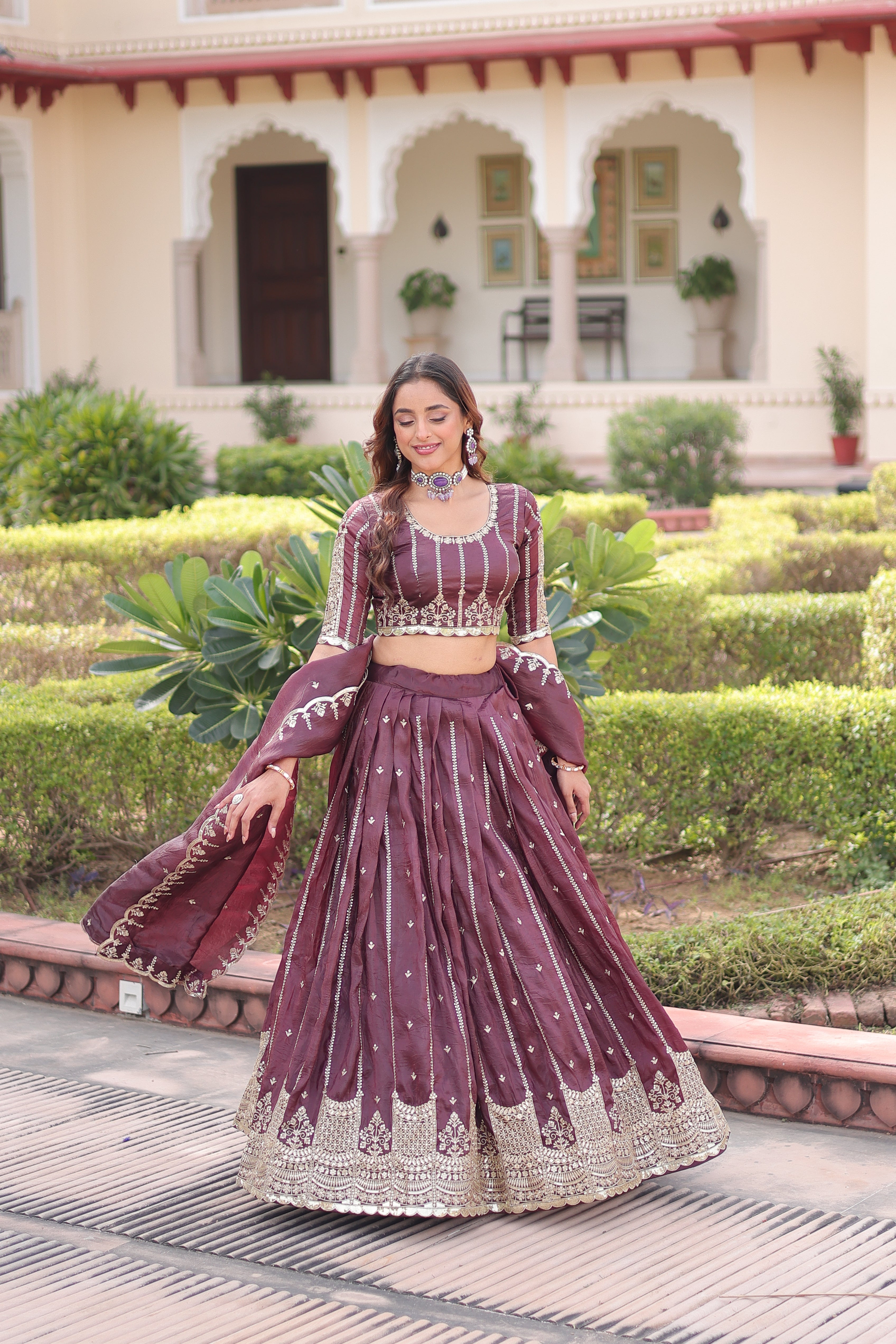 Vireen brown gold crush lehenga choli with sequins zari embroidered work