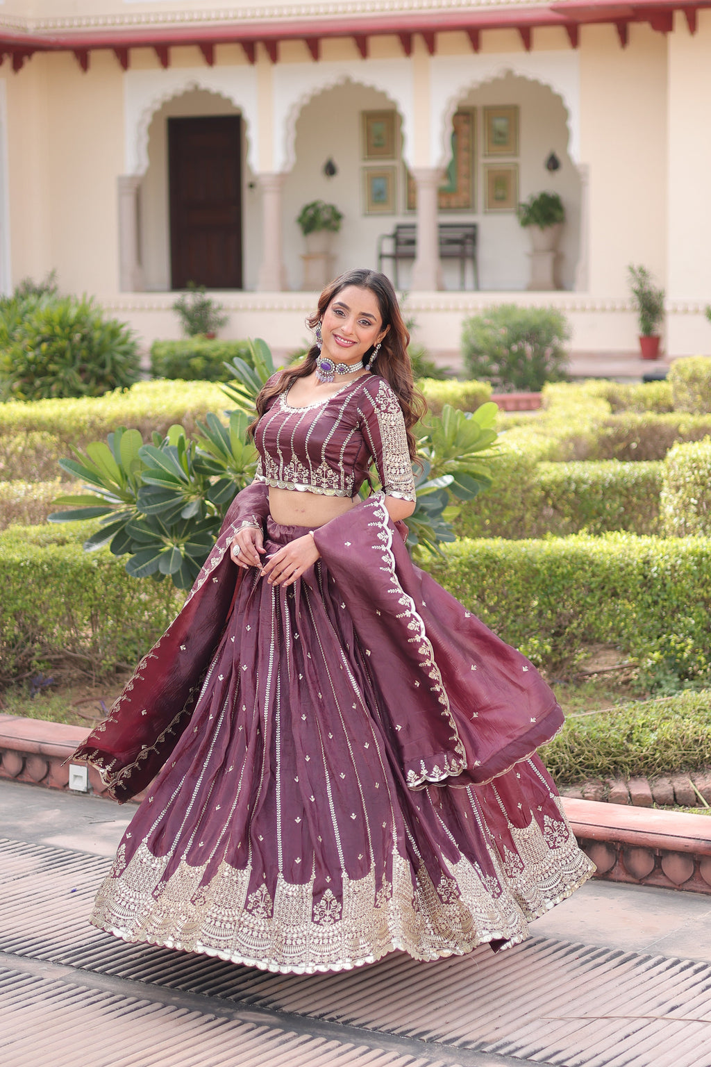 Vireen brown gold crush lehenga choli with sequins zari embroidered work