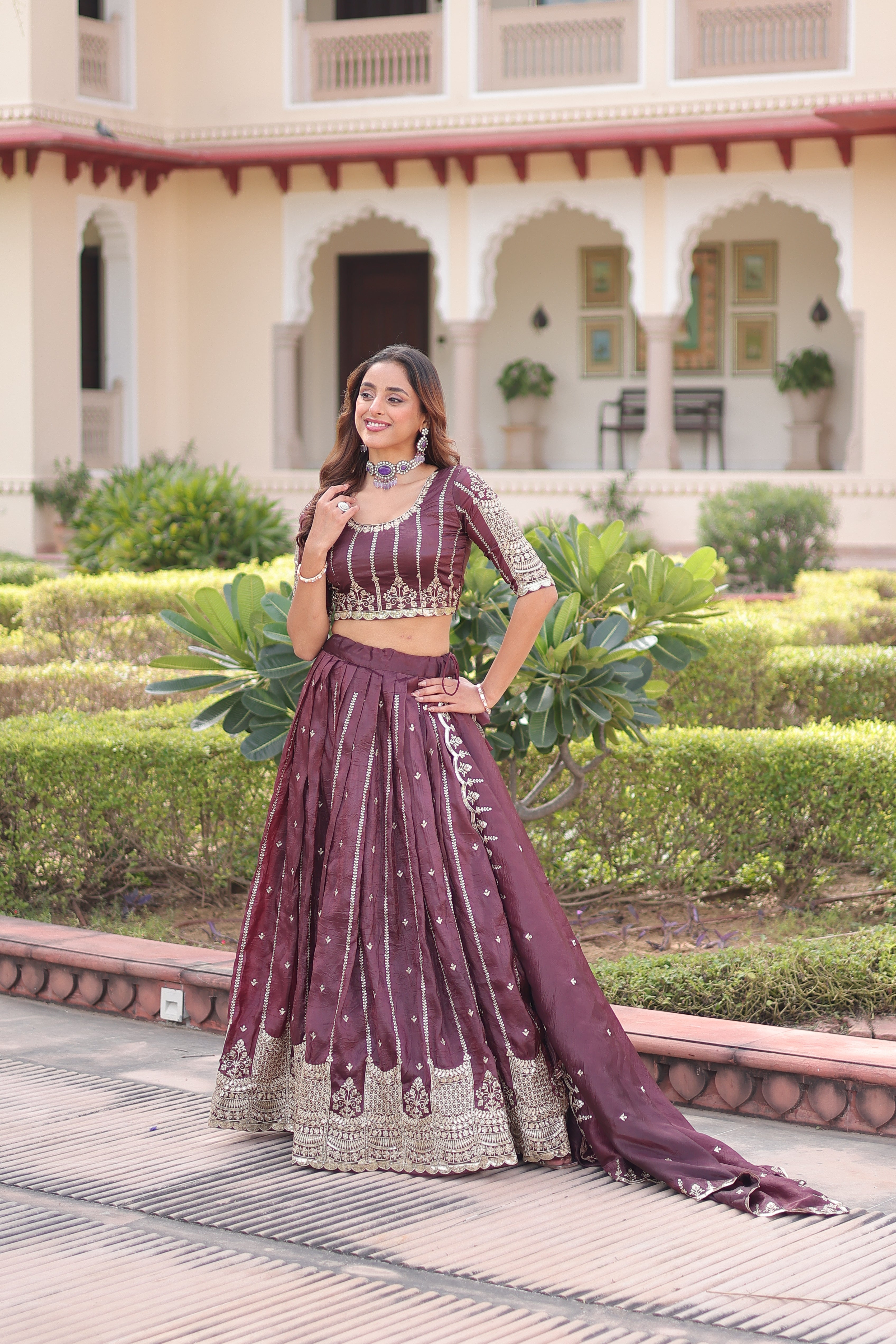 Vireen brown gold crush lehenga choli with sequins zari embroidered work