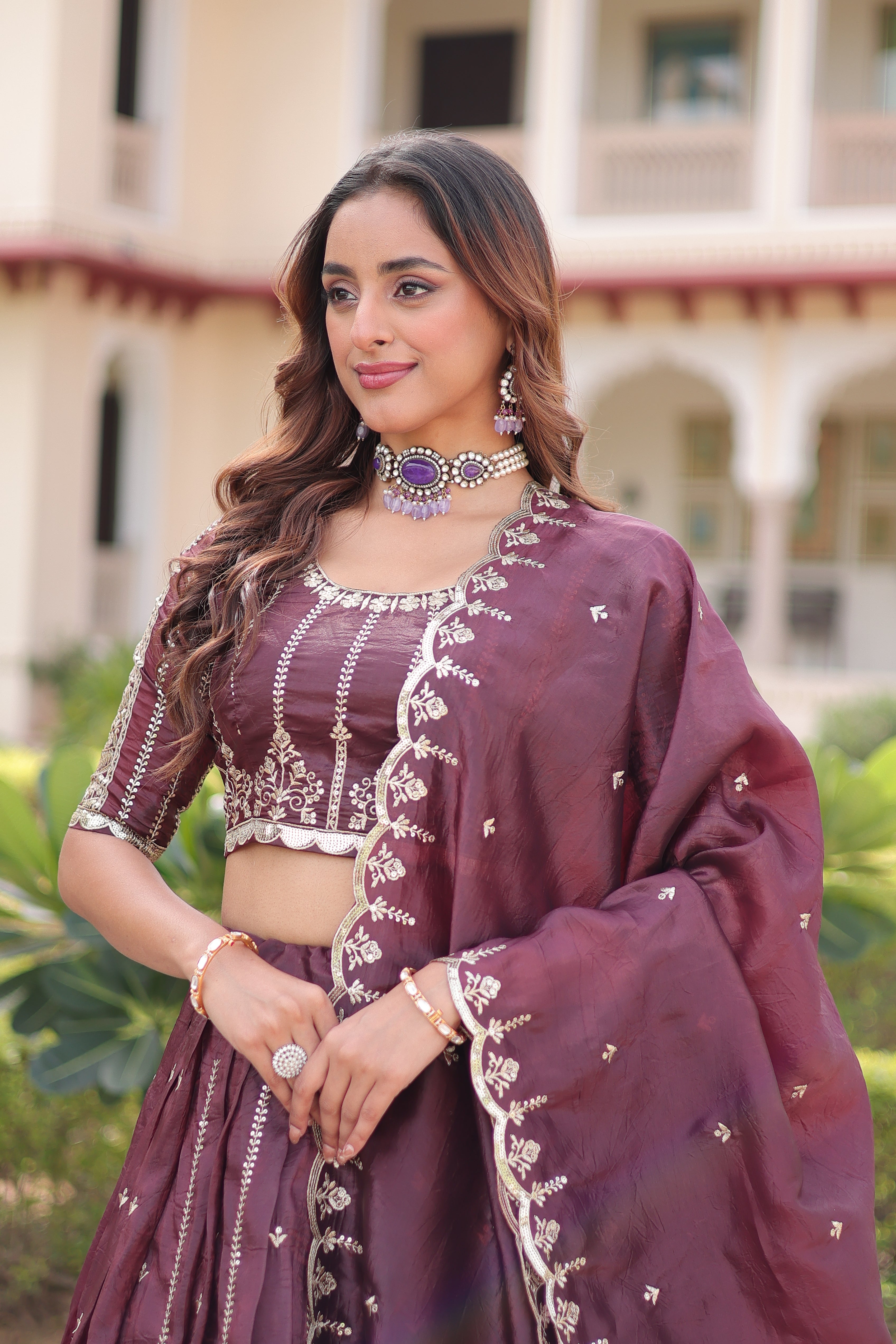 Vireen brown gold crush lehenga choli with sequins zari embroidered work