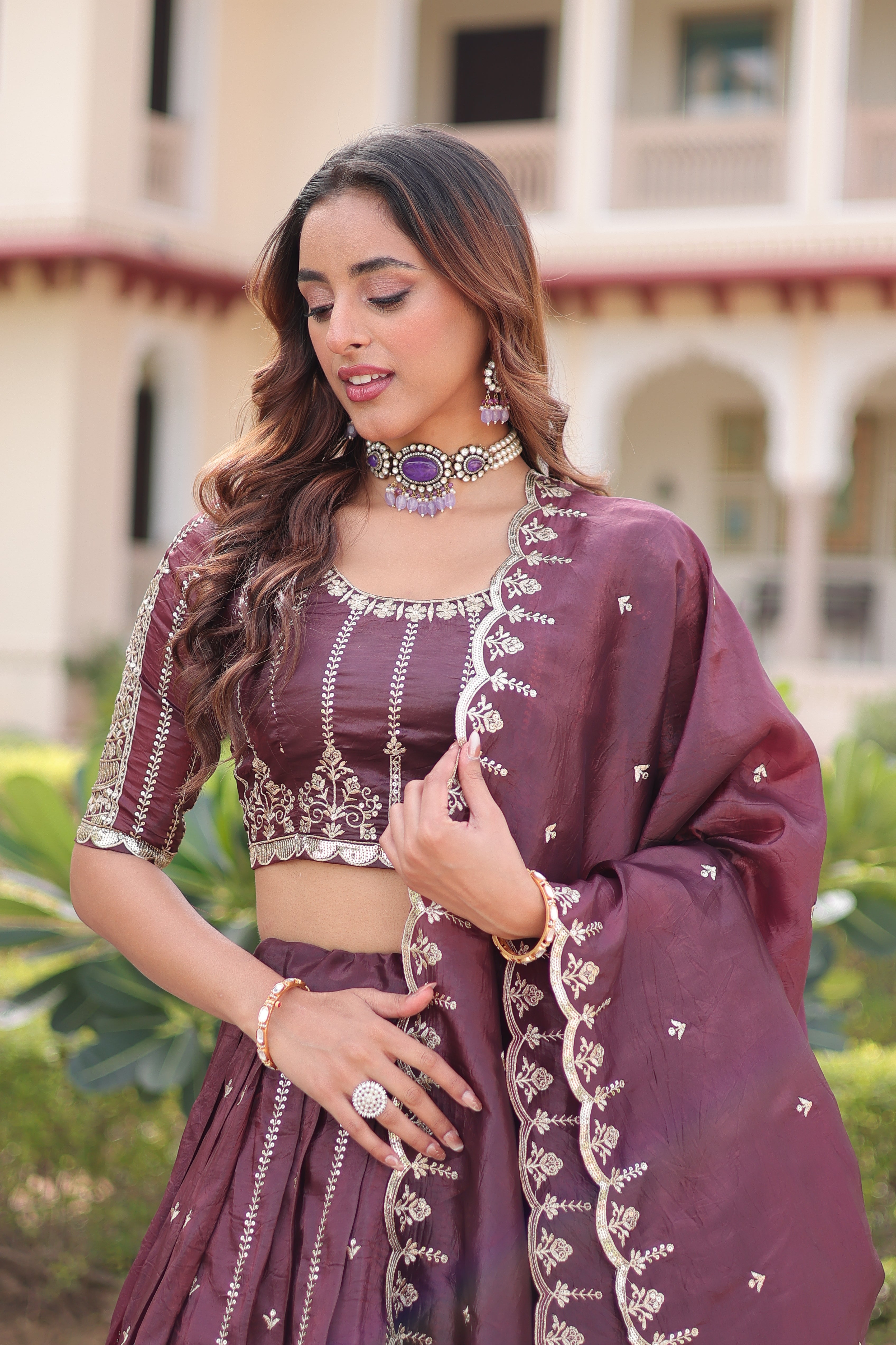 Vireen brown gold crush lehenga choli with sequins zari embroidered work