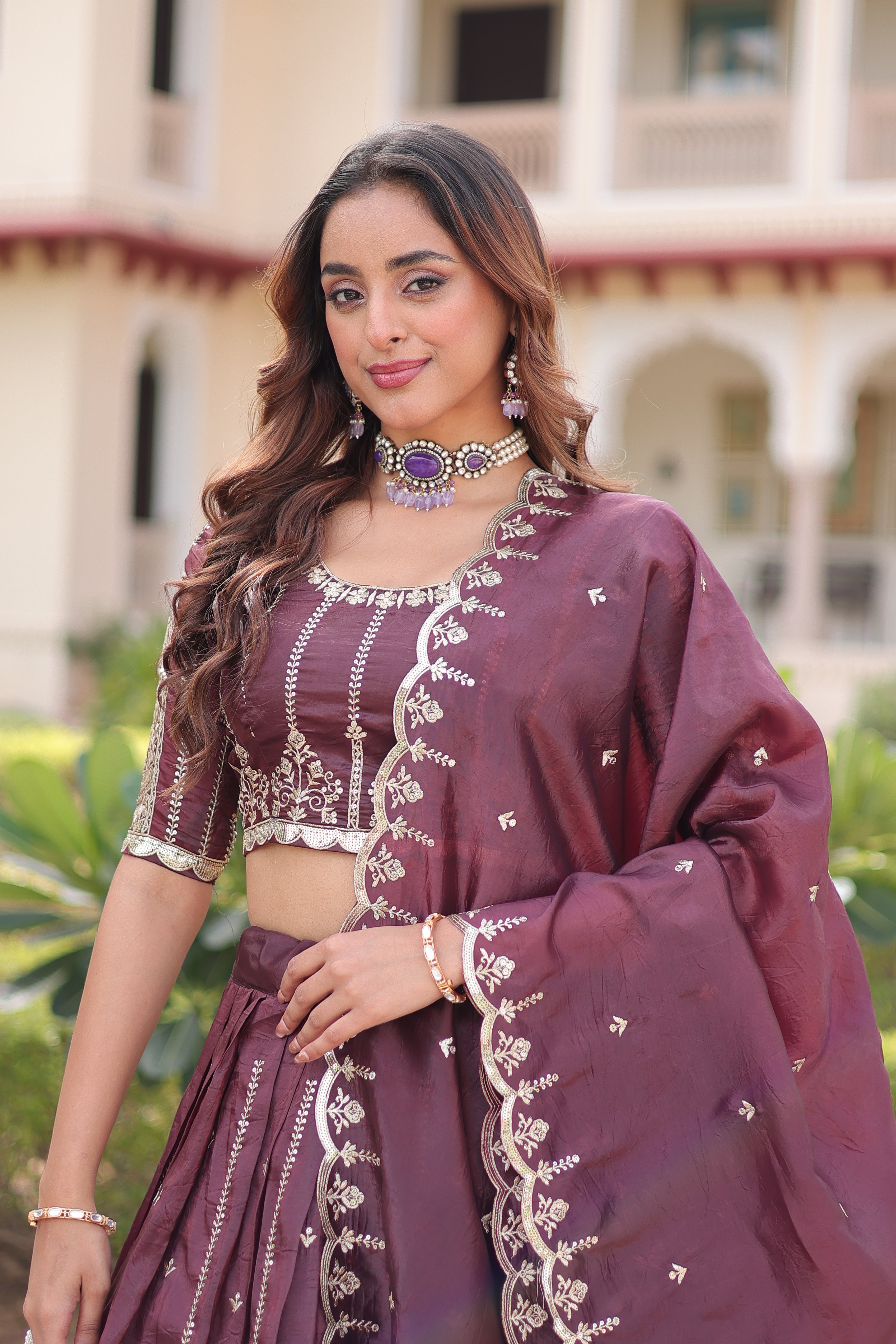 Vireen brown gold crush lehenga choli with sequins zari embroidered work
