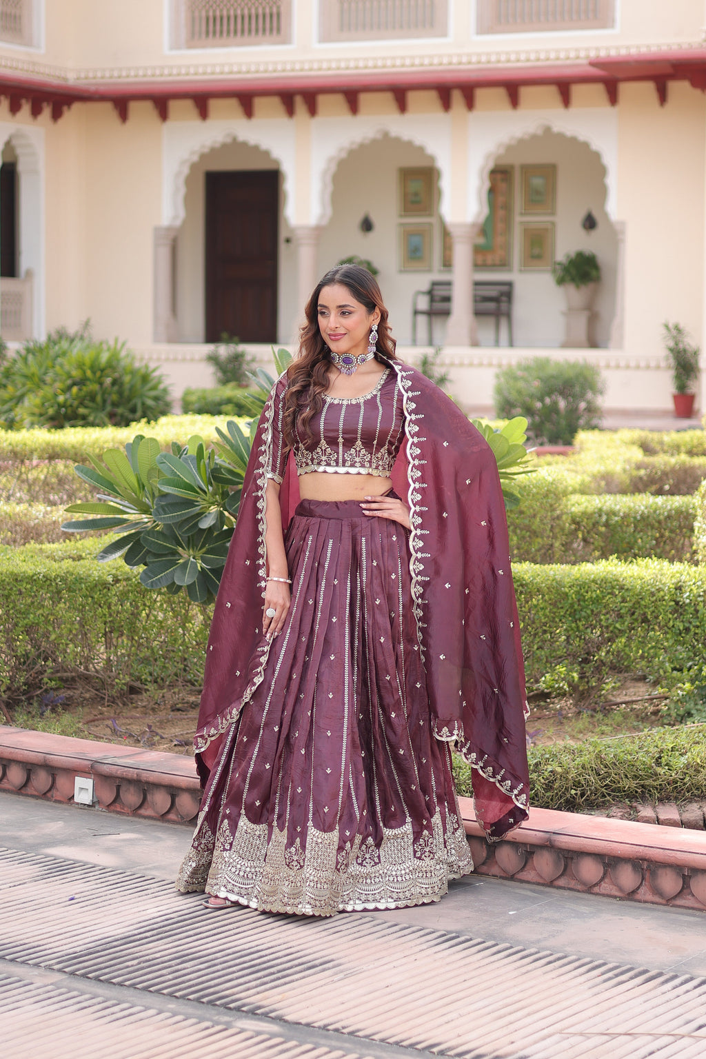 Vireen brown gold crush lehenga choli with sequins zari embroidered work