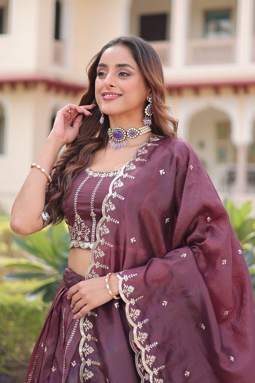 Vireen brown gold crush lehenga choli with sequins zari embroidered work
