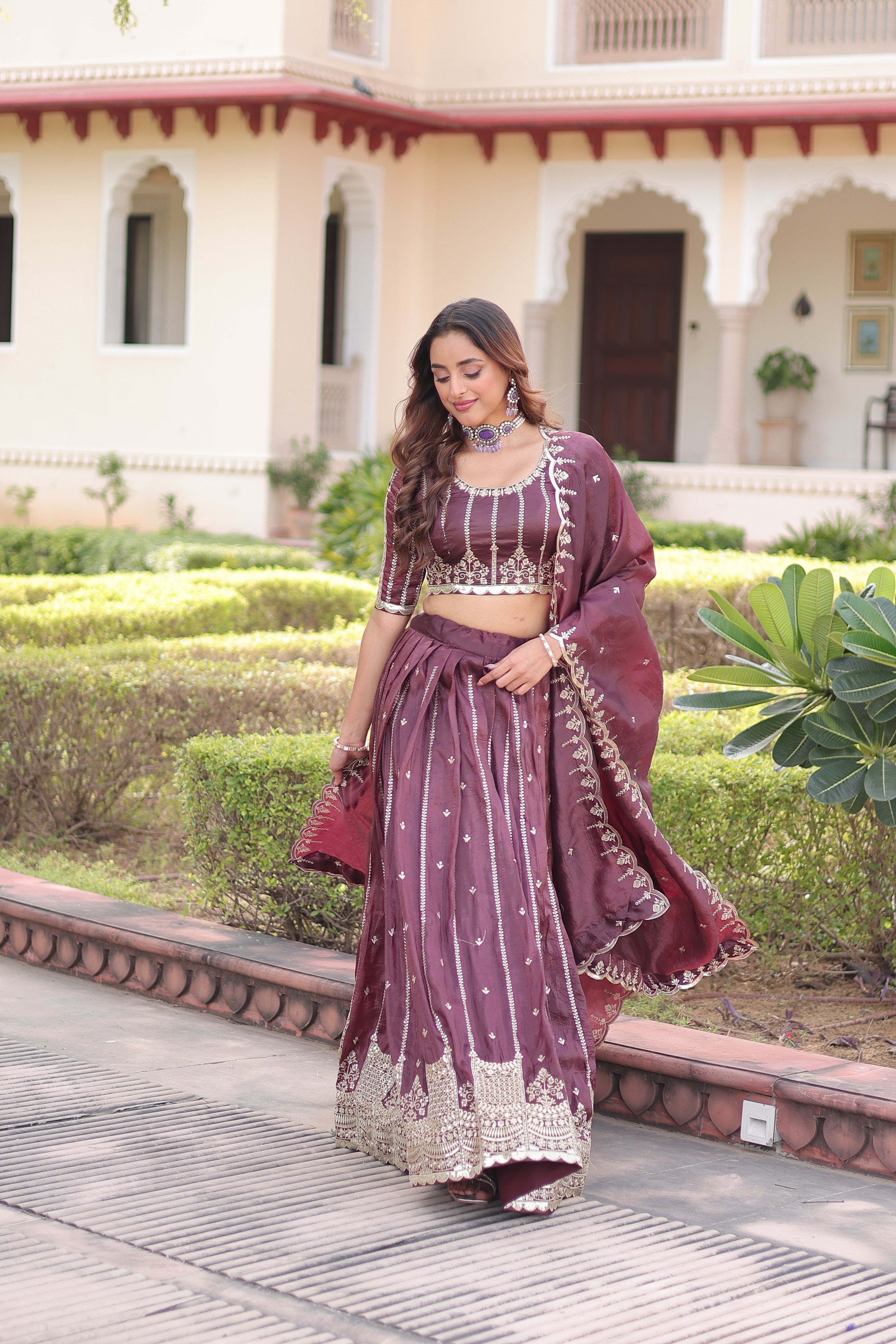 Vireen brown gold crush lehenga choli with sequins zari embroidered work