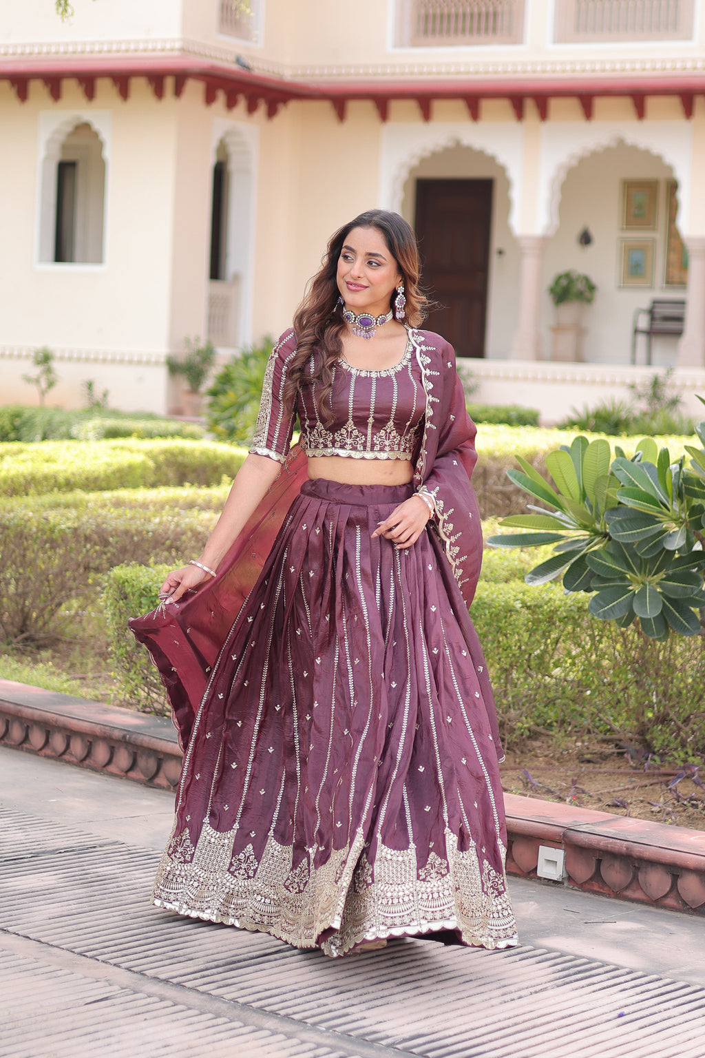 Vireen brown gold crush lehenga choli with sequins zari embroidered work