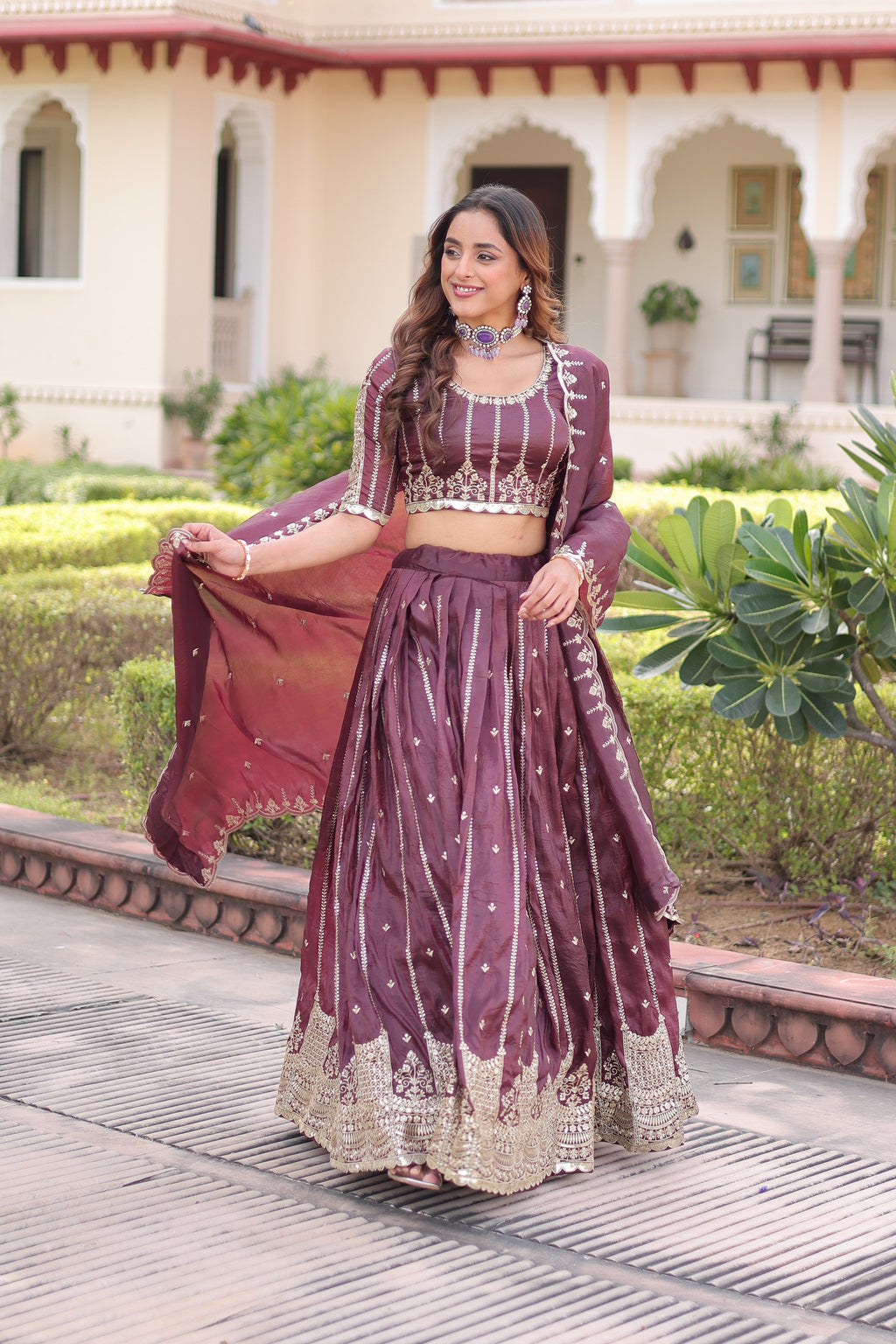 Vireen brown gold crush lehenga choli with sequins zari embroidered work