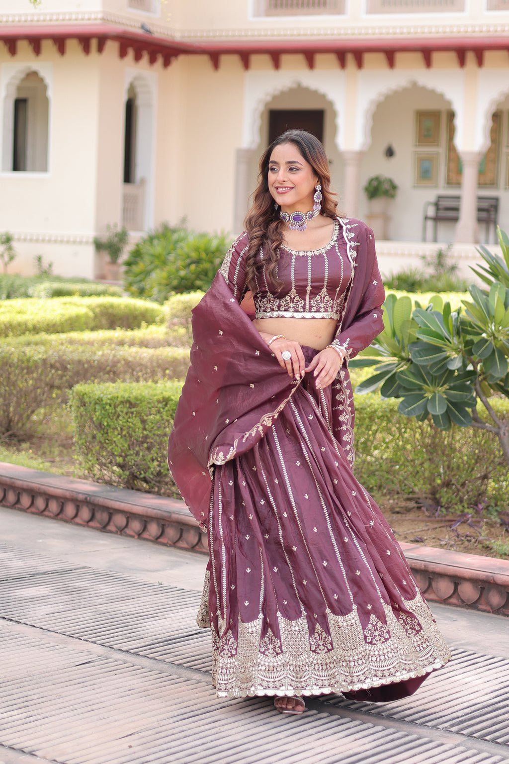 Vireen brown gold crush lehenga choli with sequins zari embroidered work
