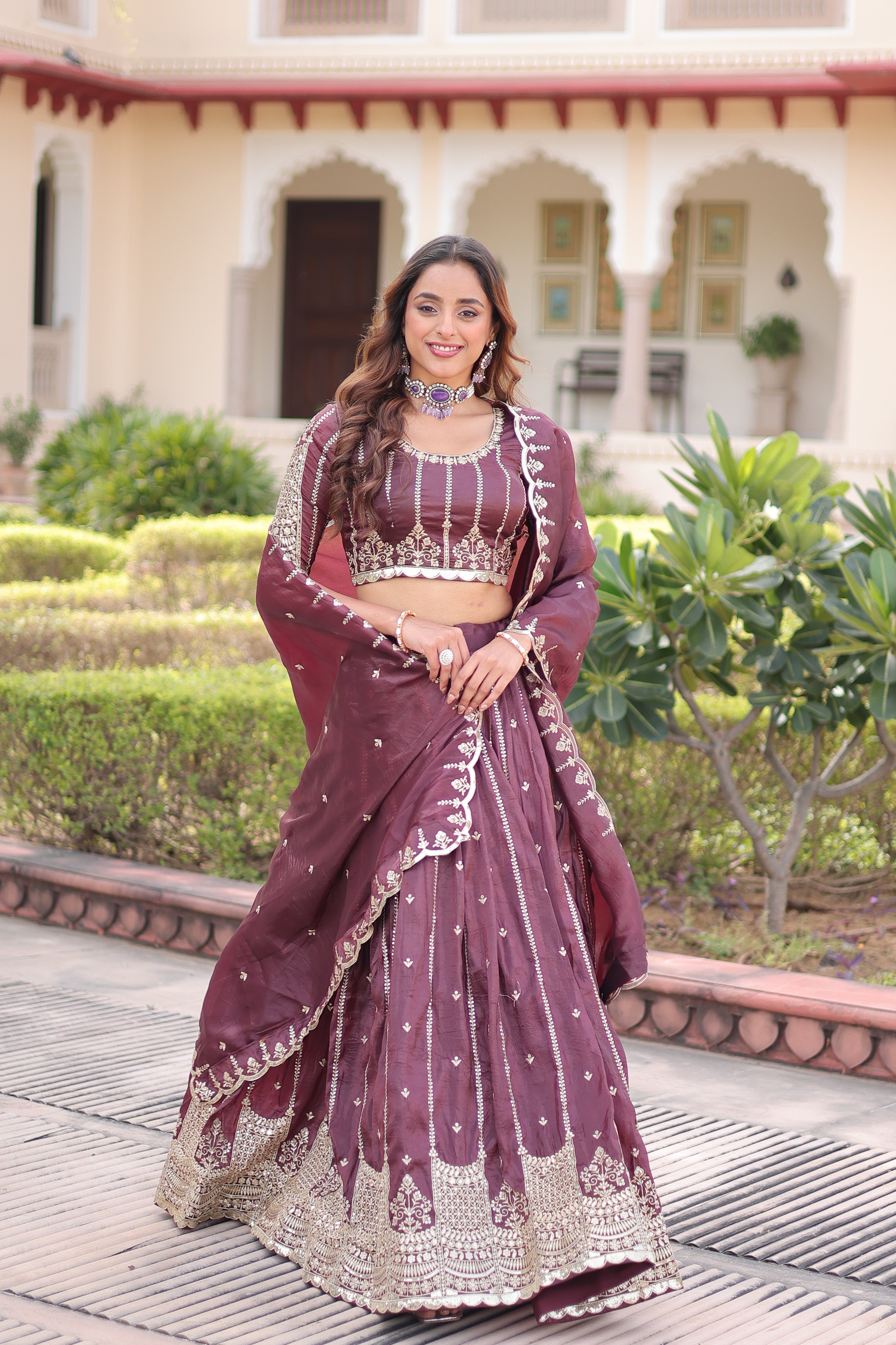 Vireen brown gold crush lehenga choli with sequins zari embroidered work