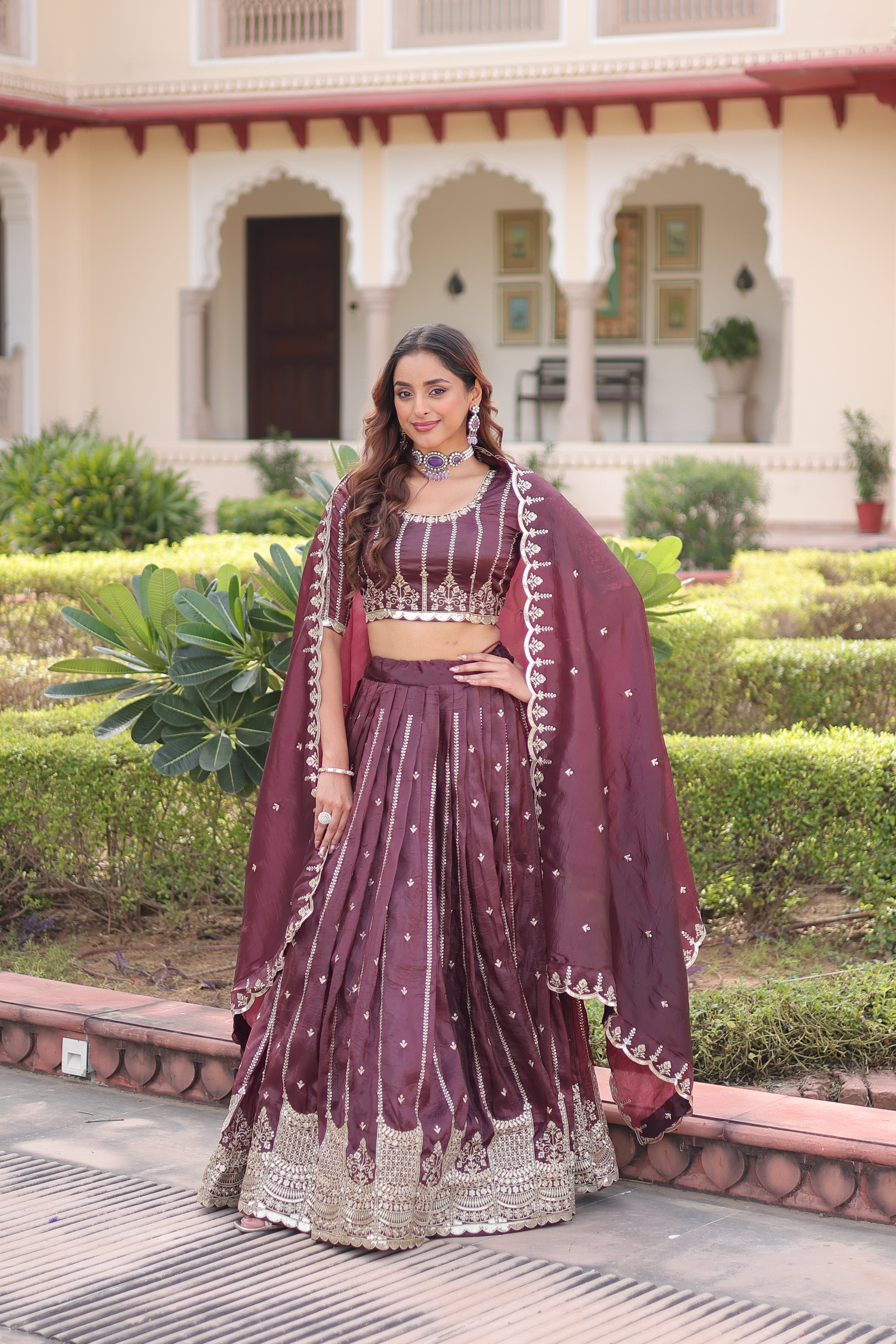 Vireen brown gold crush lehenga choli with sequins zari embroidered work