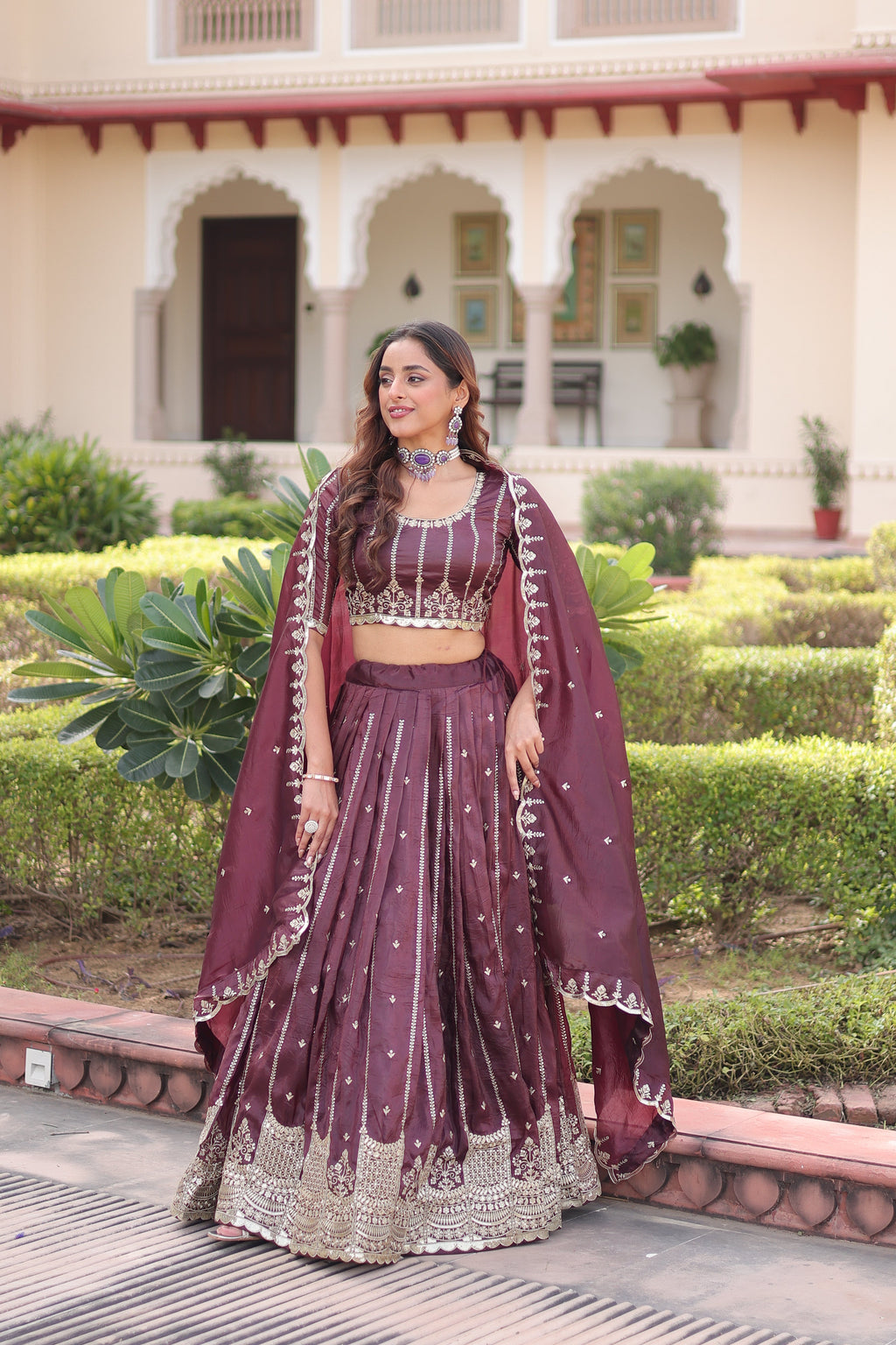 Vireen brown gold crush lehenga choli with sequins zari embroidered work