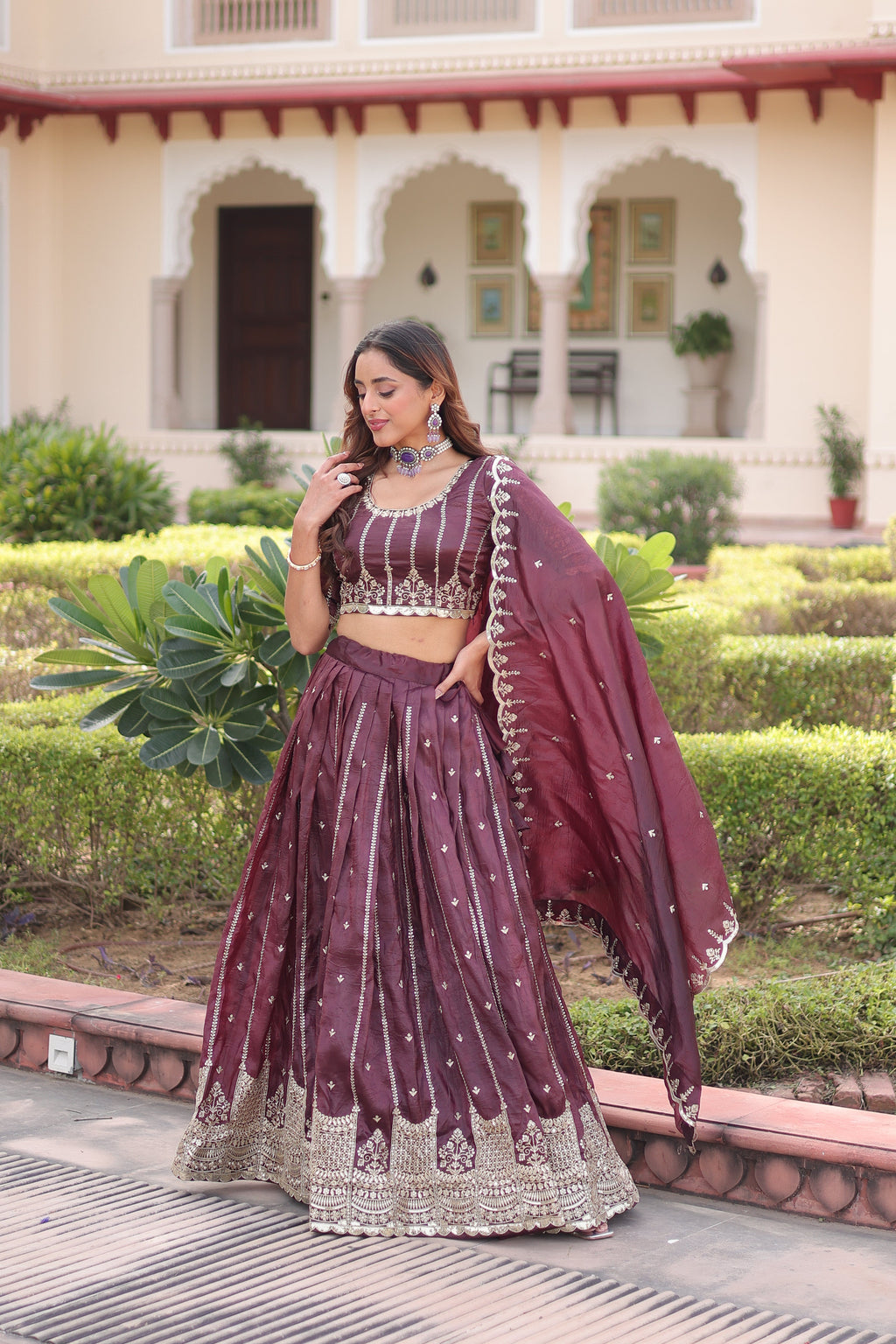 Vireen brown gold crush lehenga choli with sequins zari embroidered work