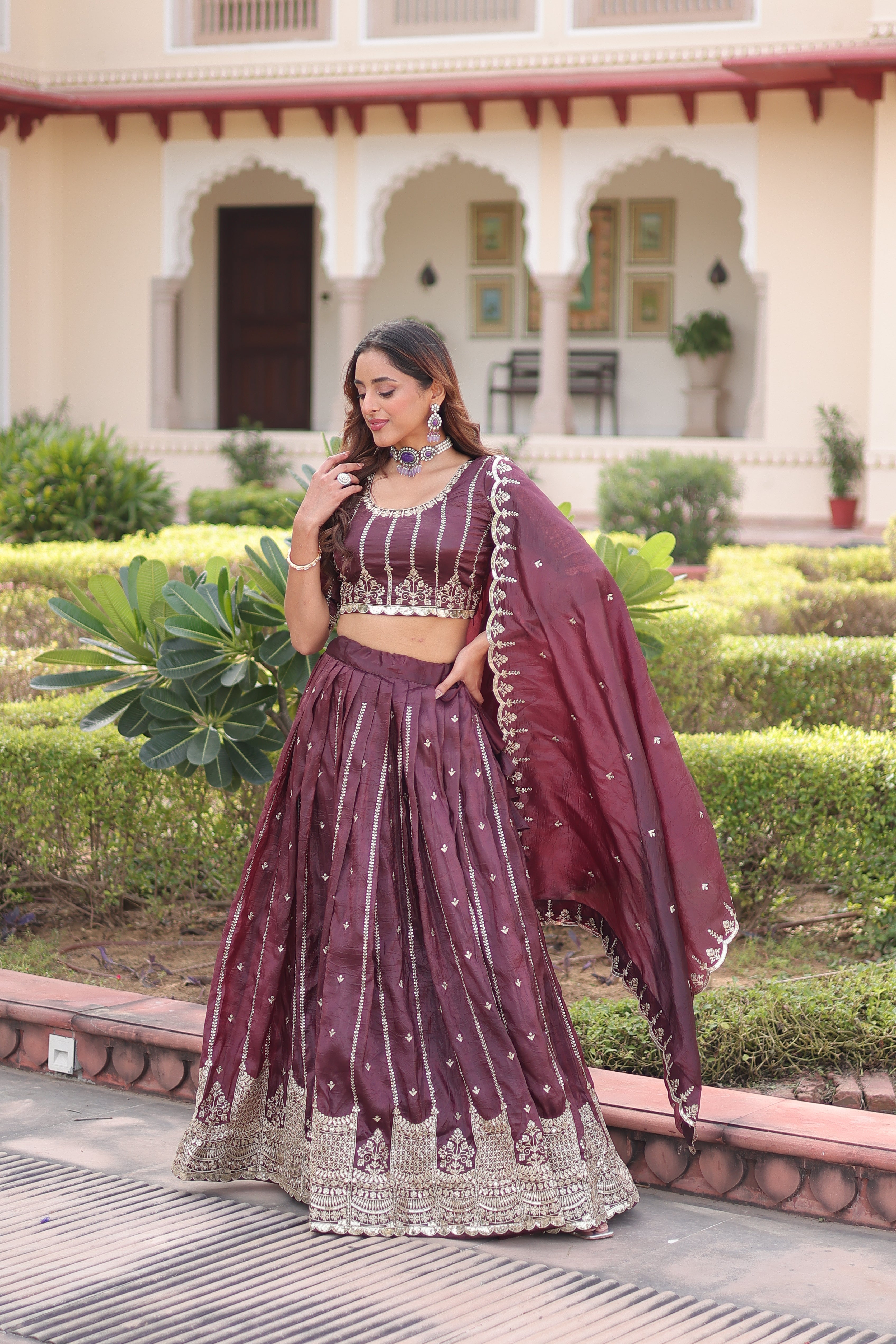 Vireen brown gold crush lehenga choli with sequins zari embroidered work