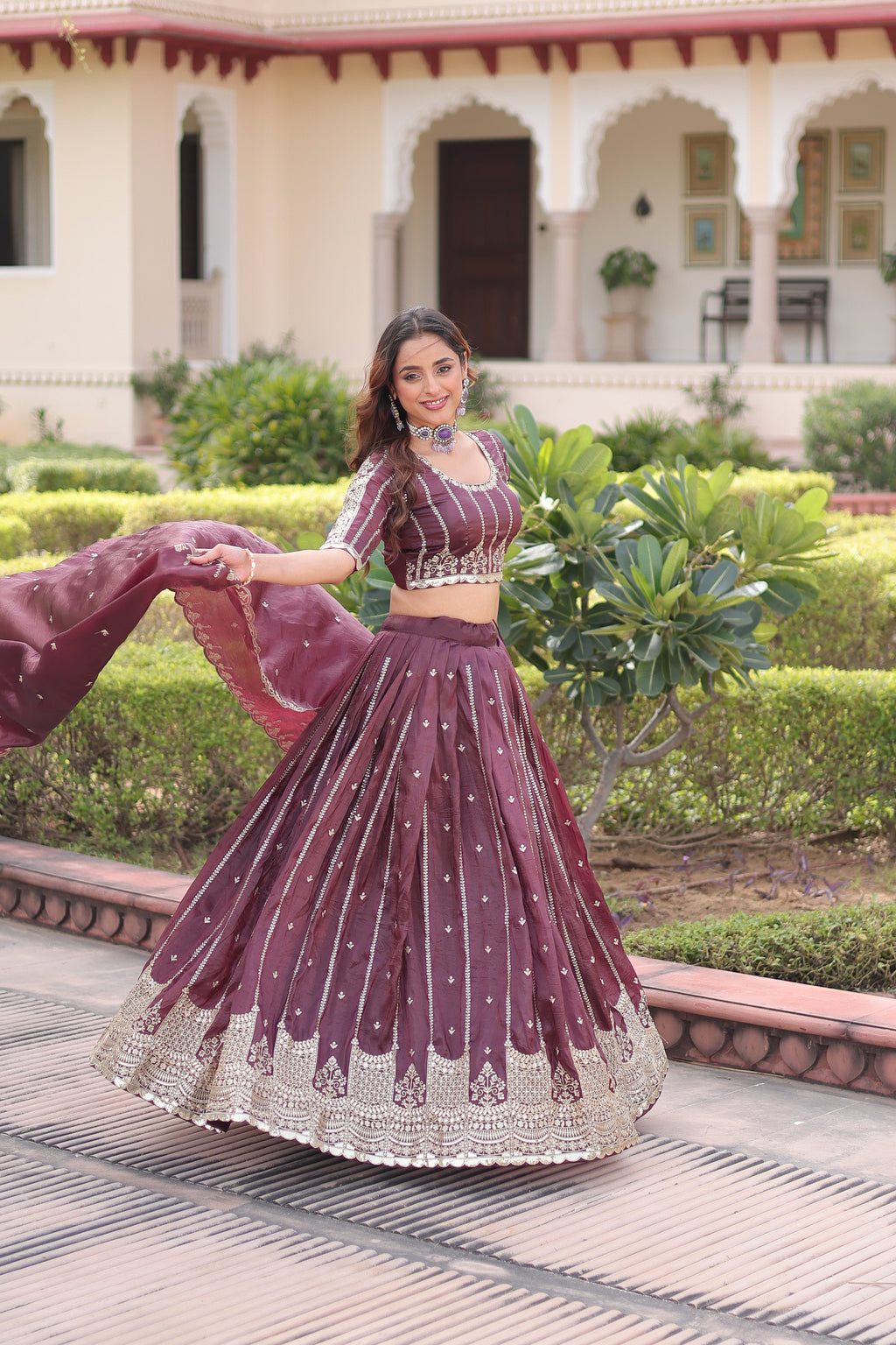 Vireen brown gold crush lehenga choli with sequins zari embroidered work