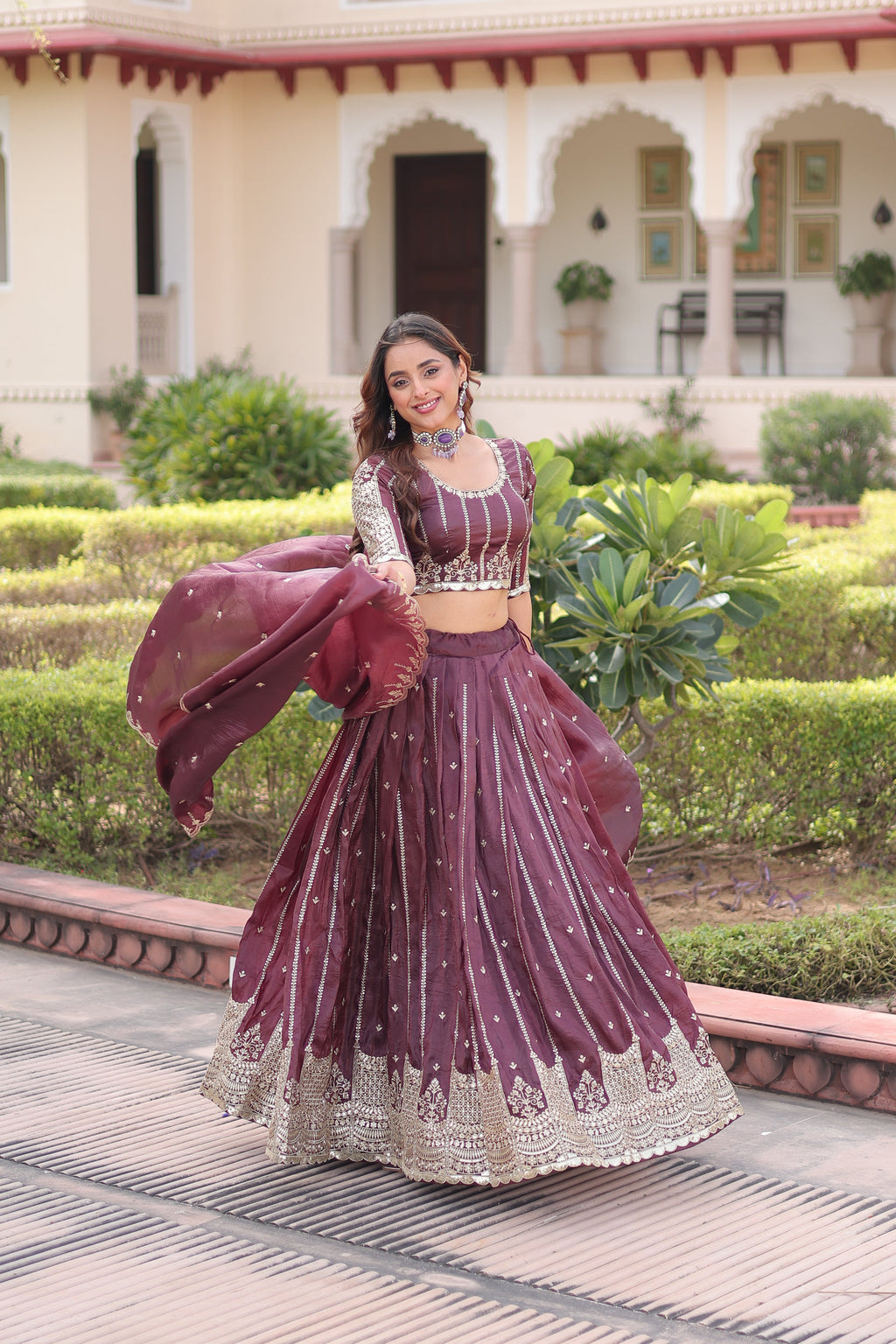 Vireen brown gold crush lehenga choli with sequins zari embroidered work

