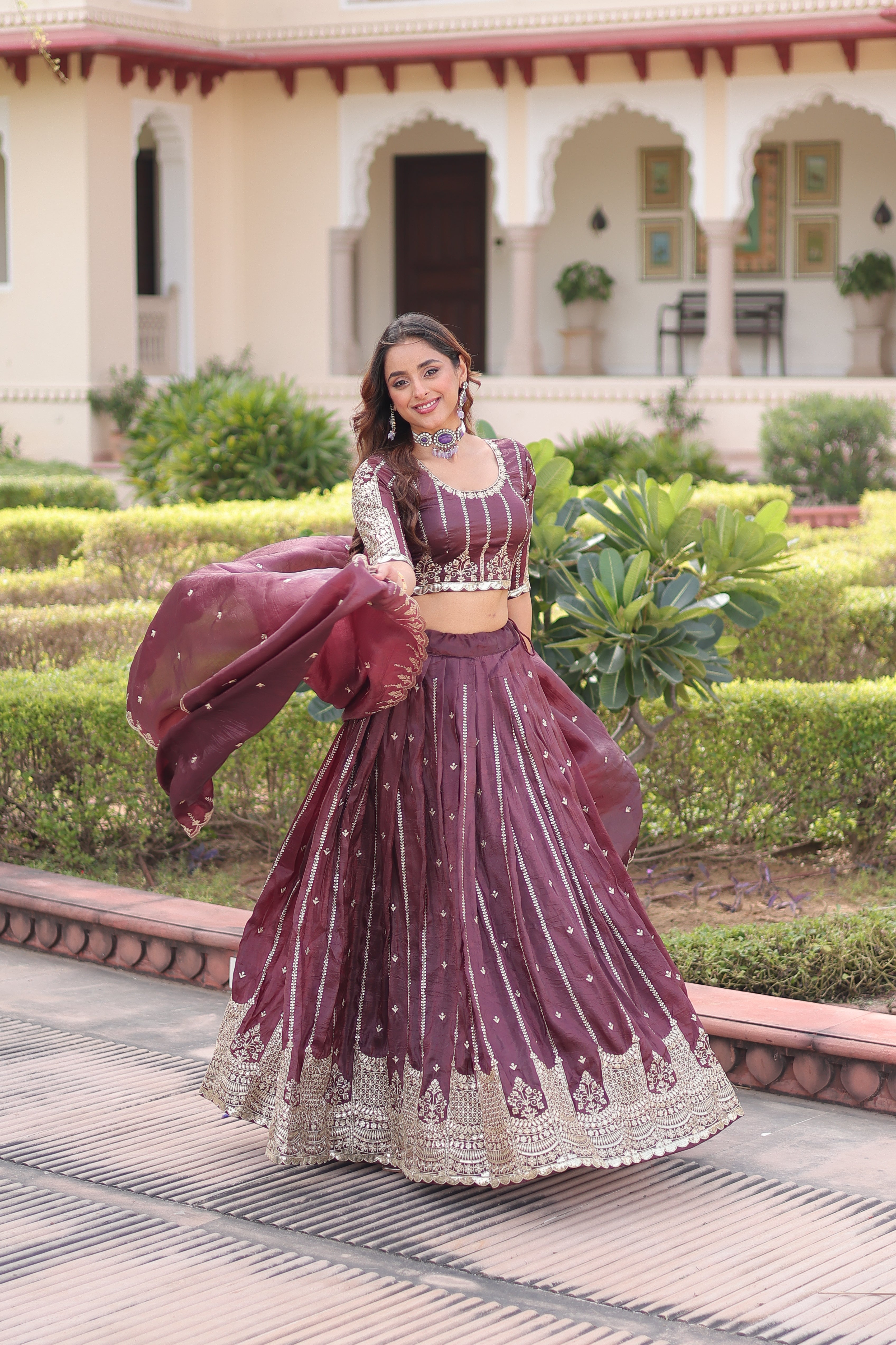 Vireen brown gold crush lehenga choli with sequins zari embroidered work
