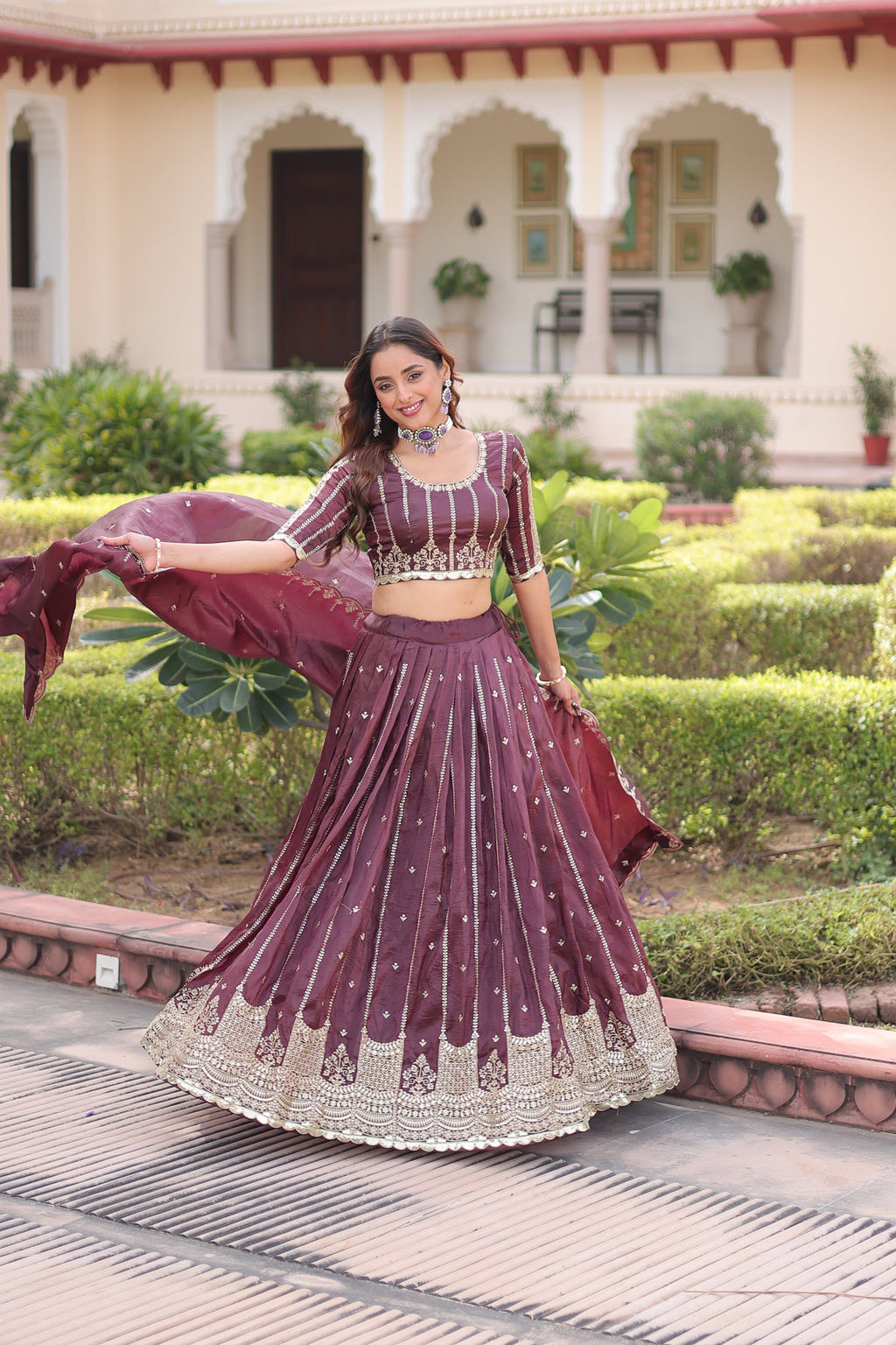 Vireen brown gold crush lehenga choli with sequins zari embroidered work