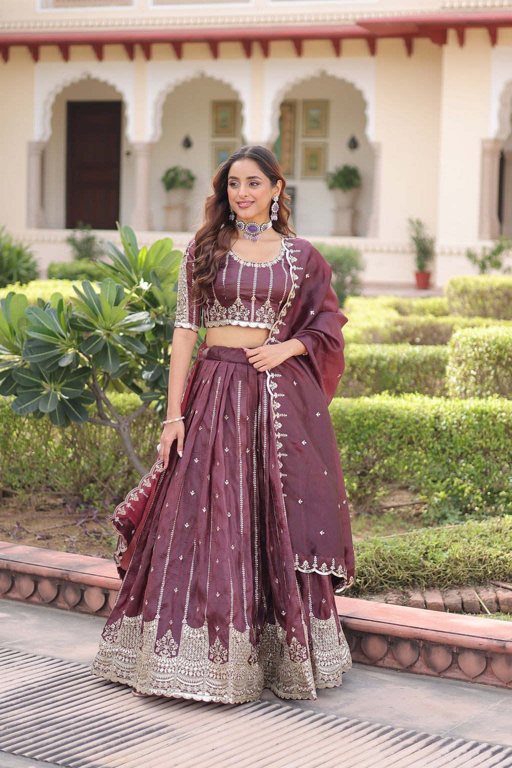Vireen brown gold crush lehenga choli with sequins zari embroidered work