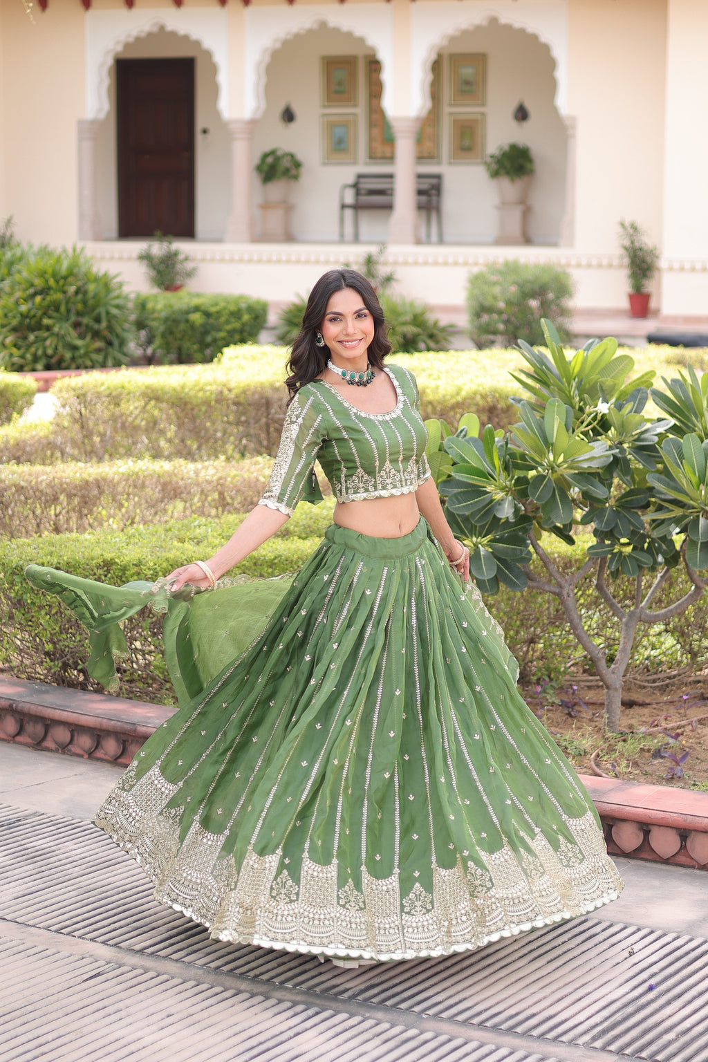 Vireen green gold crush lehenga choli with sequins zari embroidered work