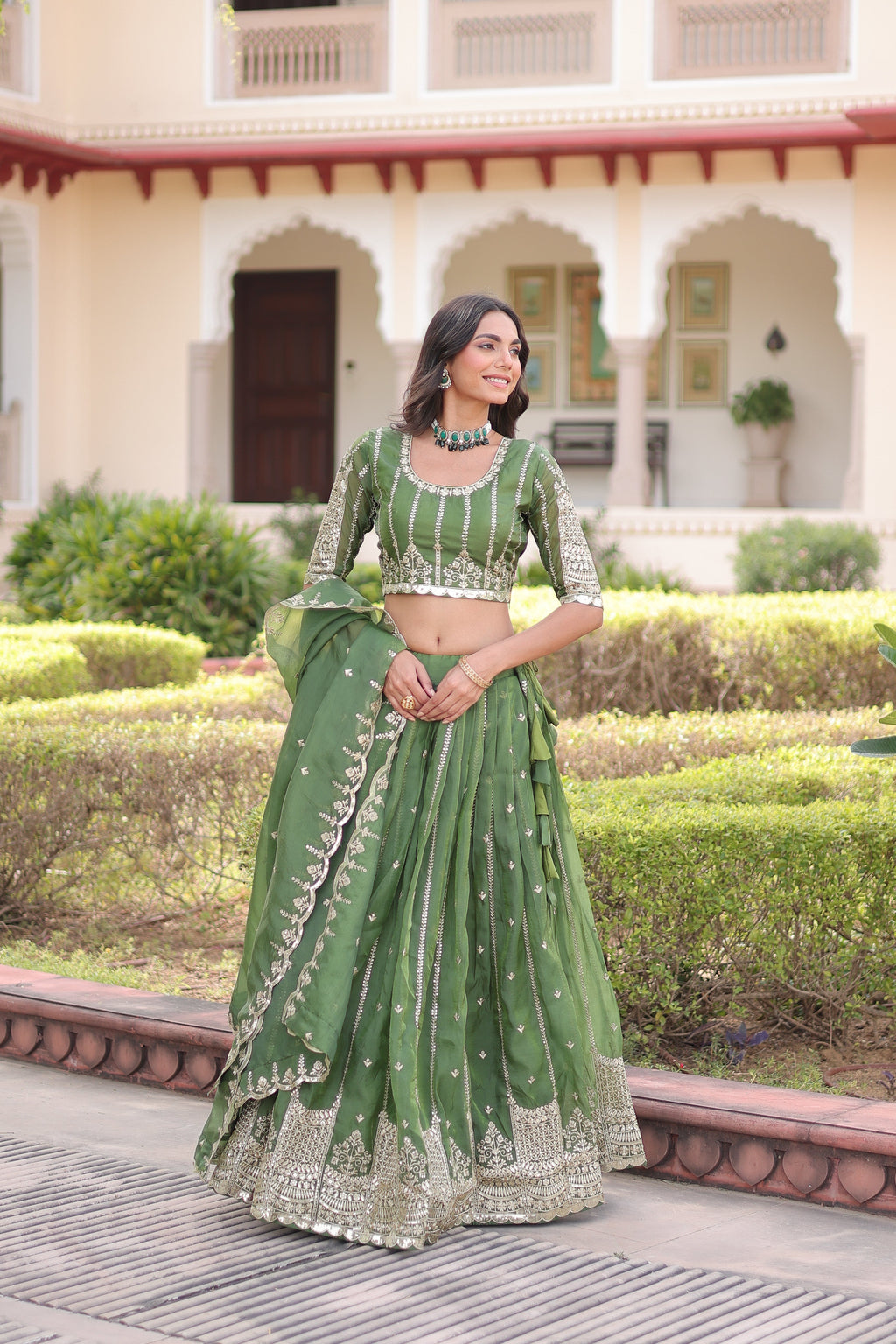 Vireen green gold crush lehenga choli with sequins zari embroidered work