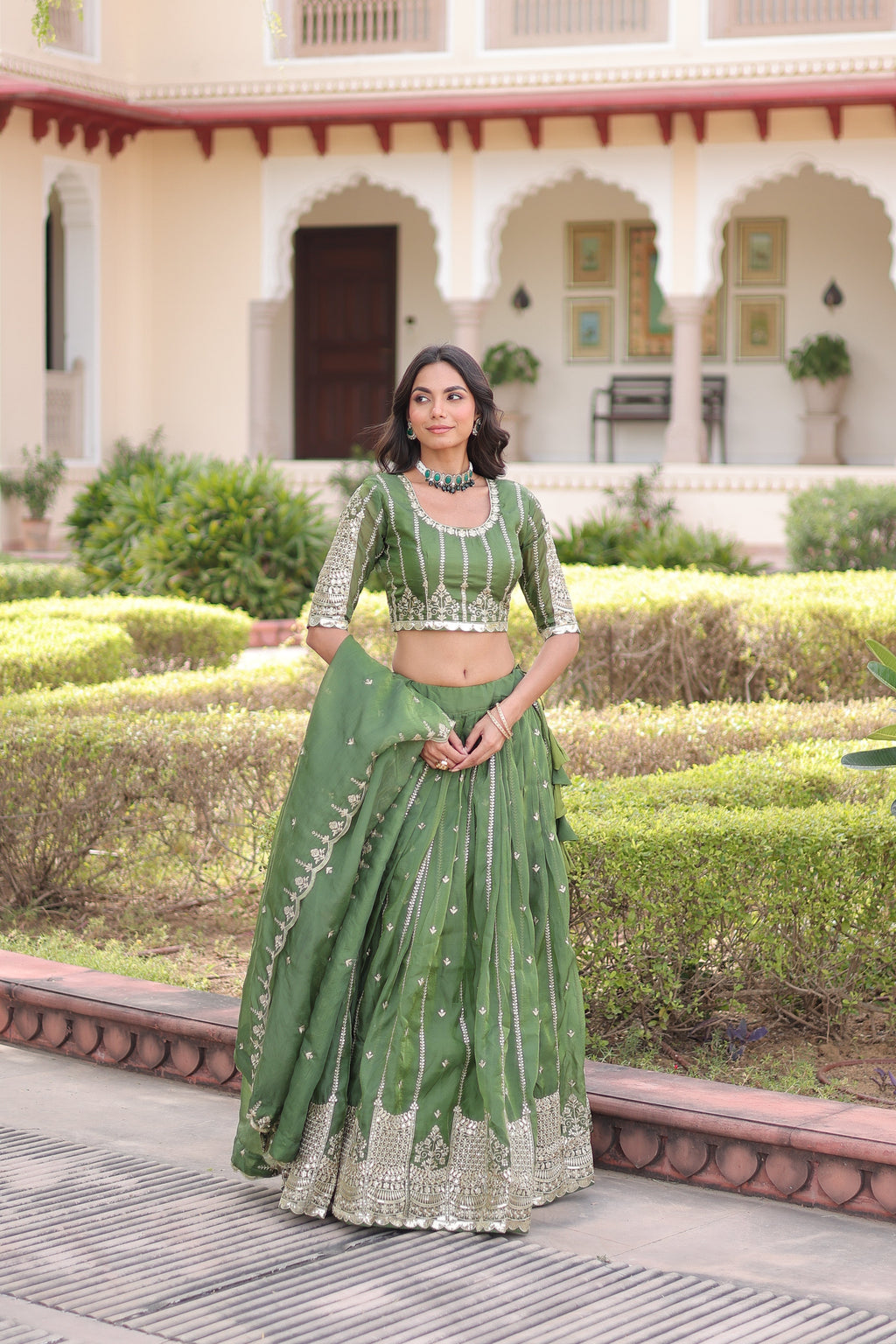 Vireen green gold crush lehenga choli with sequins zari embroidered work