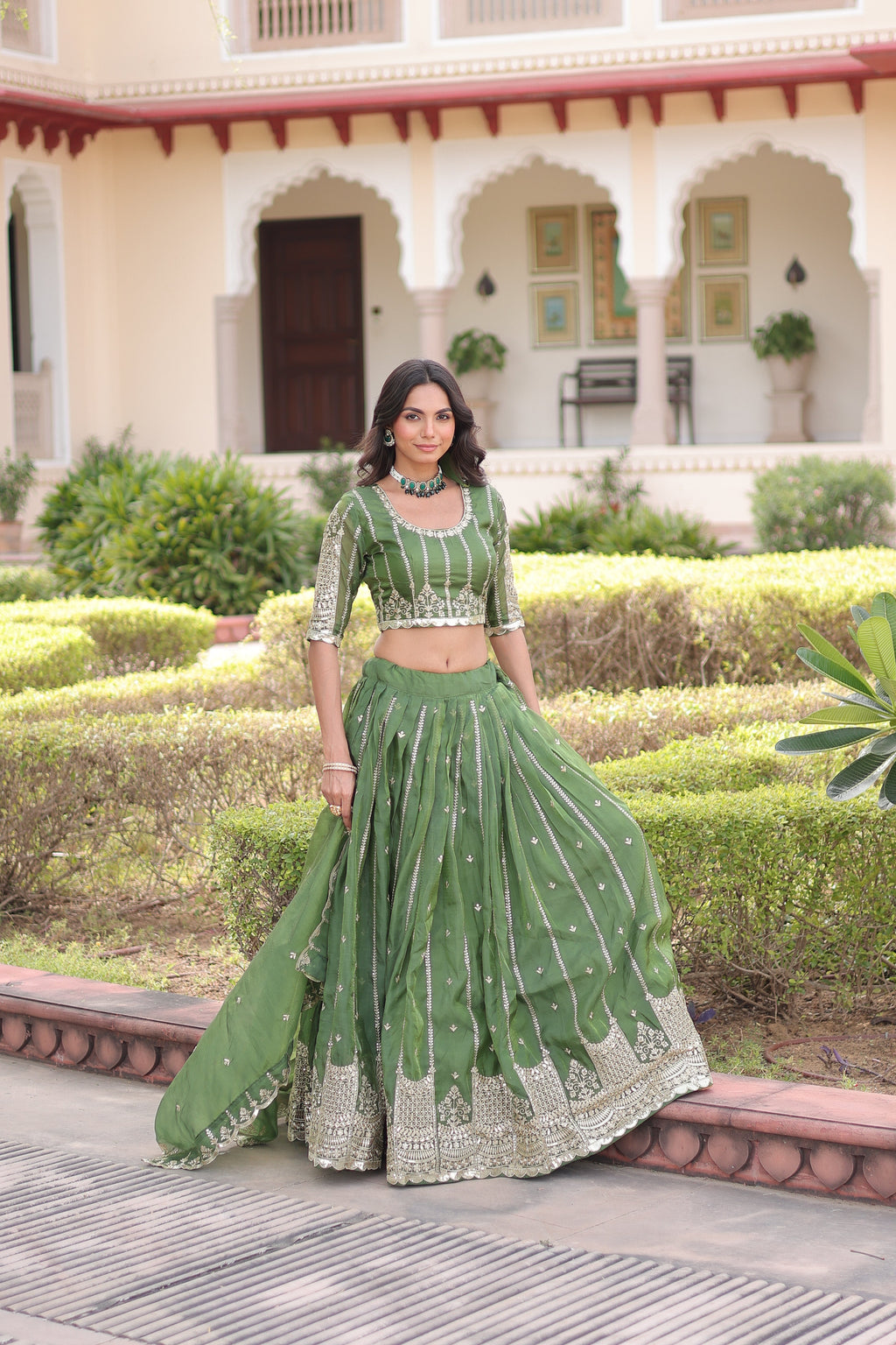 Vireen green gold crush lehenga choli with sequins zari embroidered work