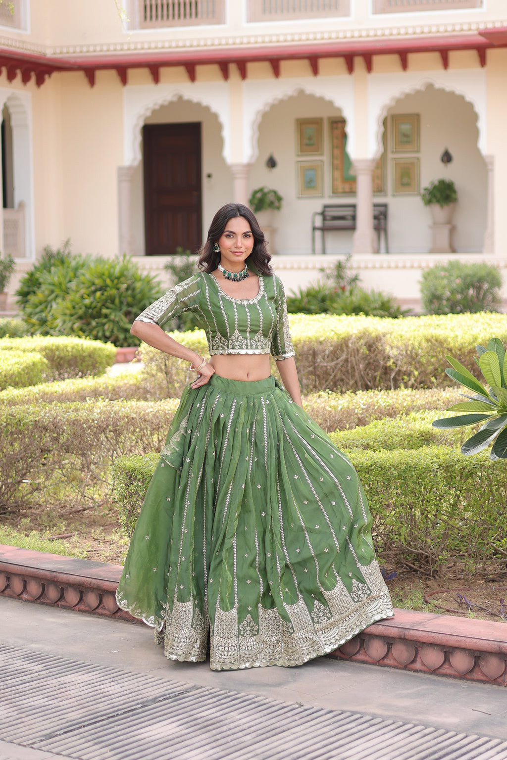 Vireen green gold crush lehenga choli with sequins zari embroidered work