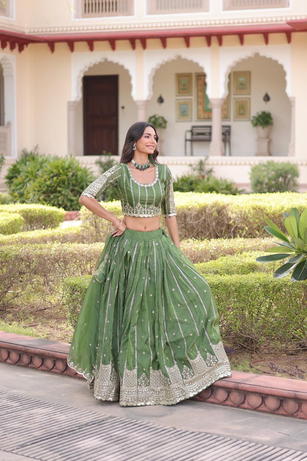 Vireen green gold crush lehenga choli with sequins zari embroidered work
