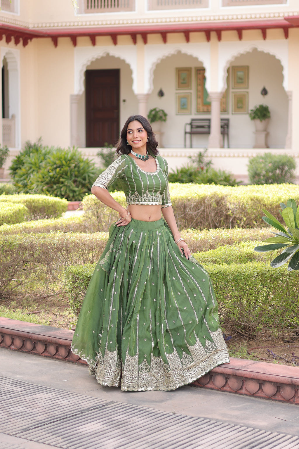 Vireen green gold crush lehenga choli with sequins zari embroidered work