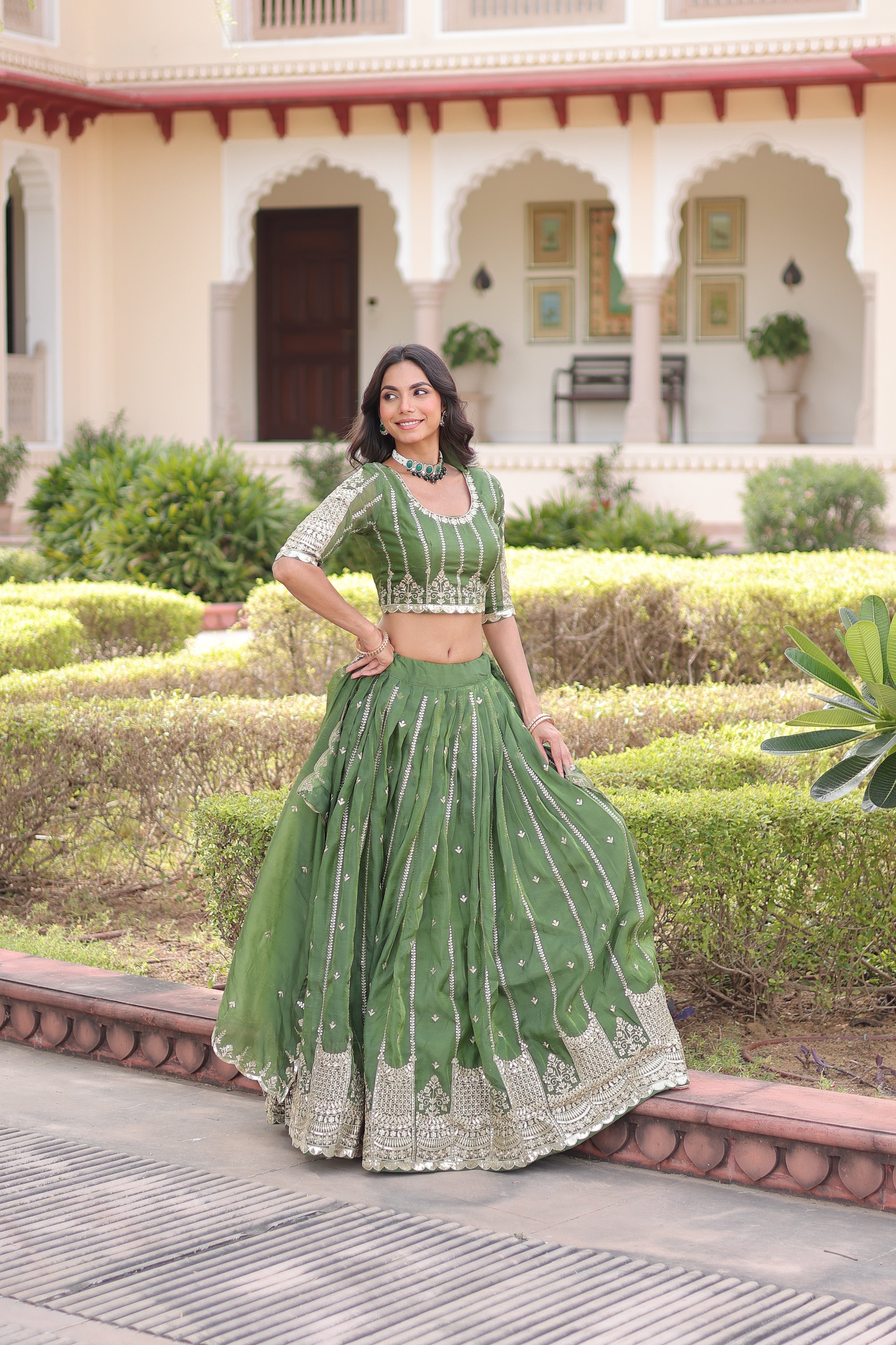 Vireen green gold crush lehenga choli with sequins zari embroidered work