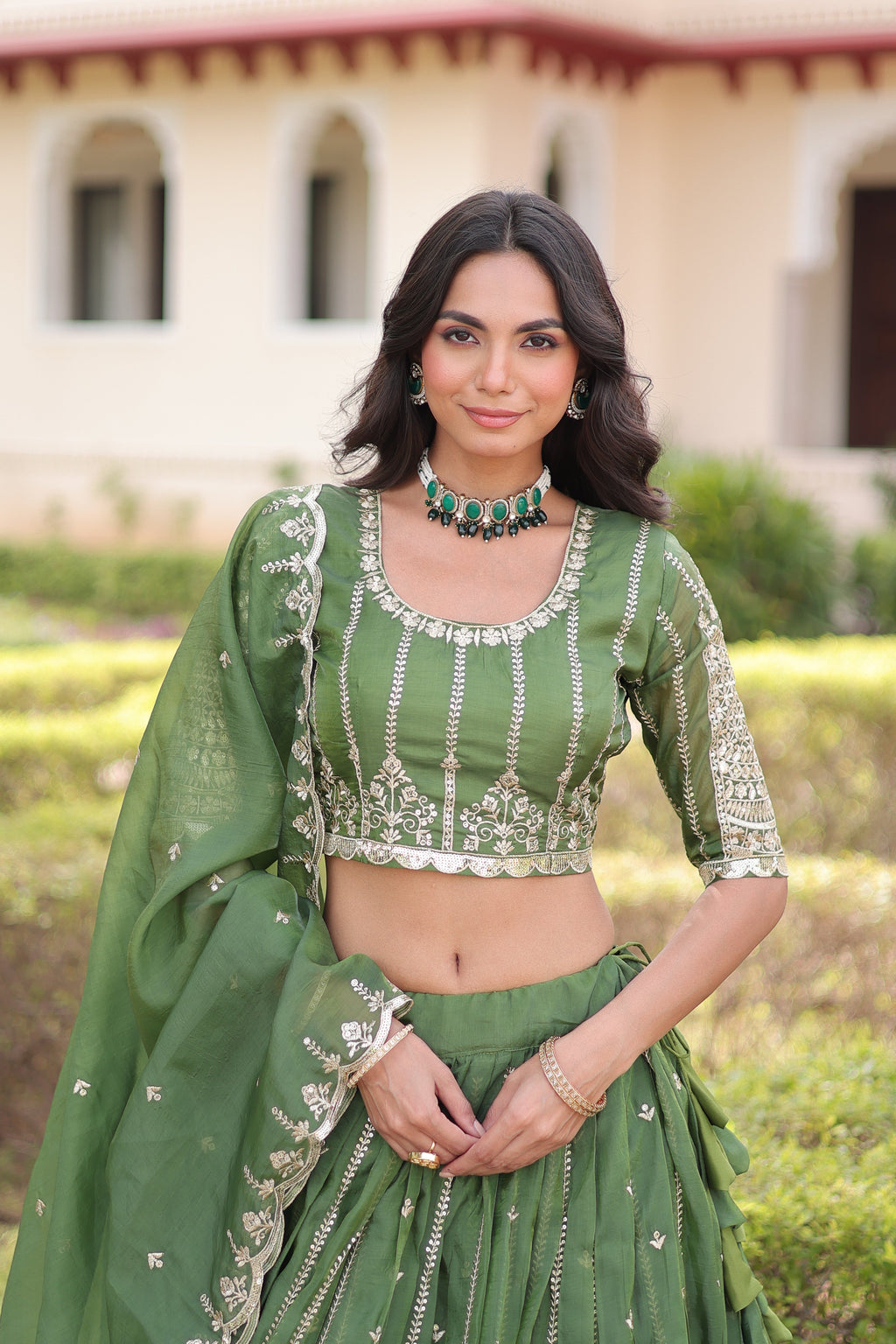 Vireen green gold crush lehenga choli with sequins zari embroidered work