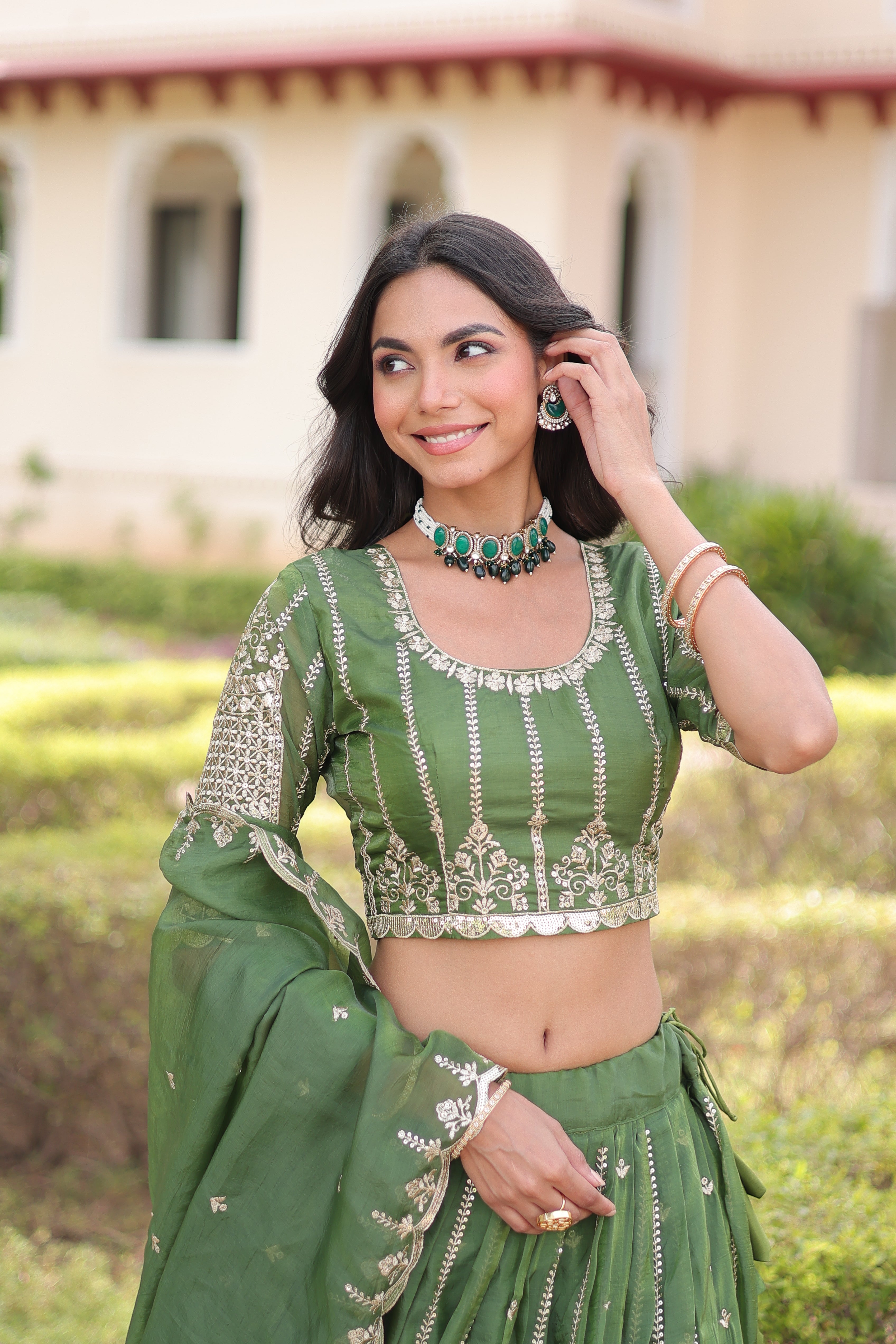 Vireen green gold crush lehenga choli with sequins zari embroidered work