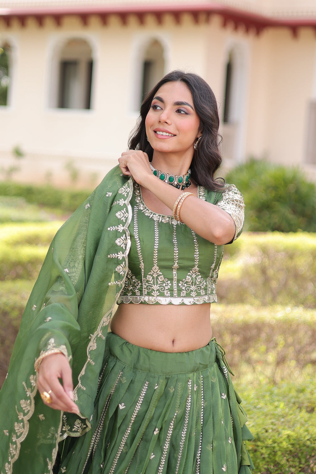Vireen green gold crush lehenga choli with sequins zari embroidered work