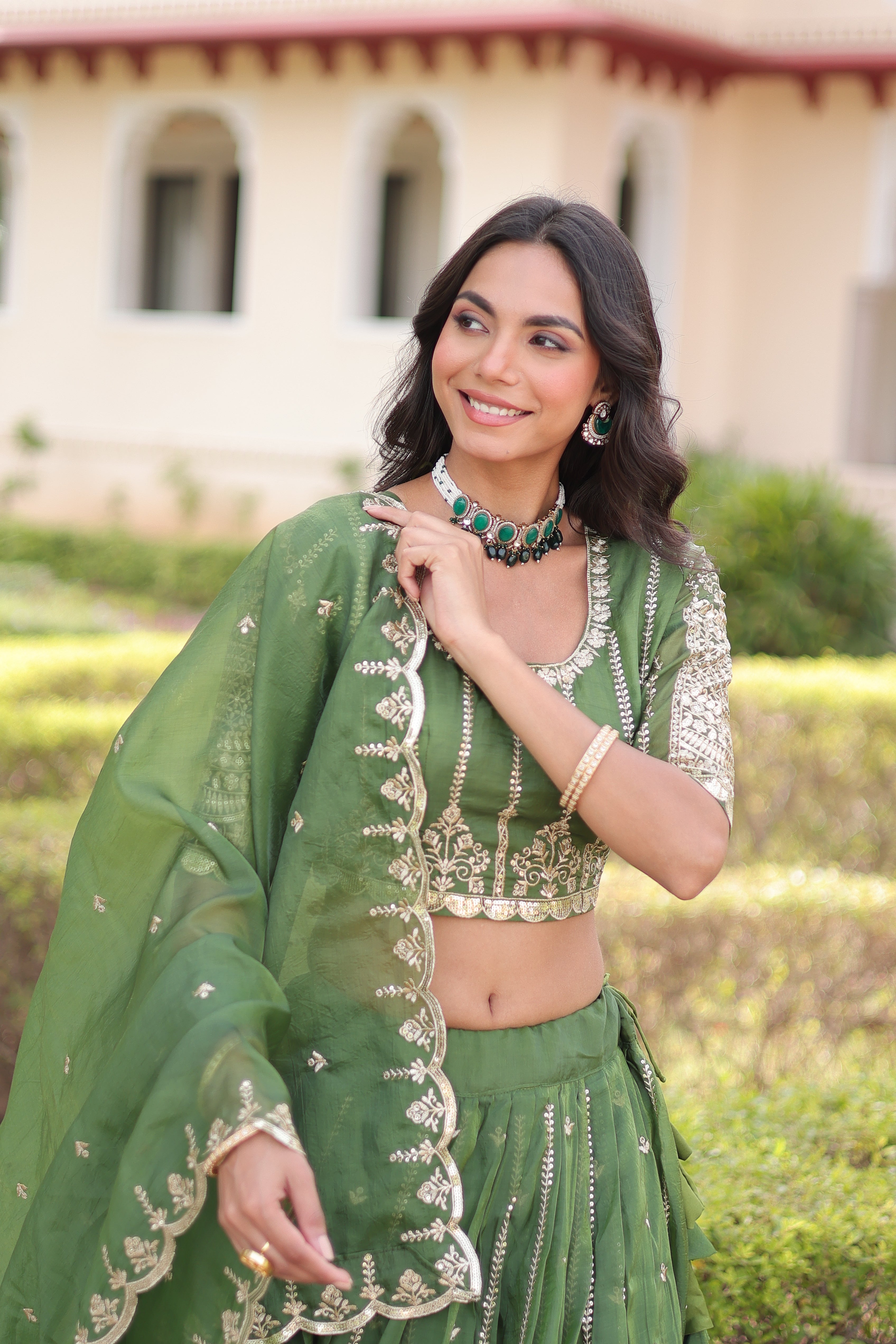Vireen green gold crush lehenga choli with sequins zari embroidered work