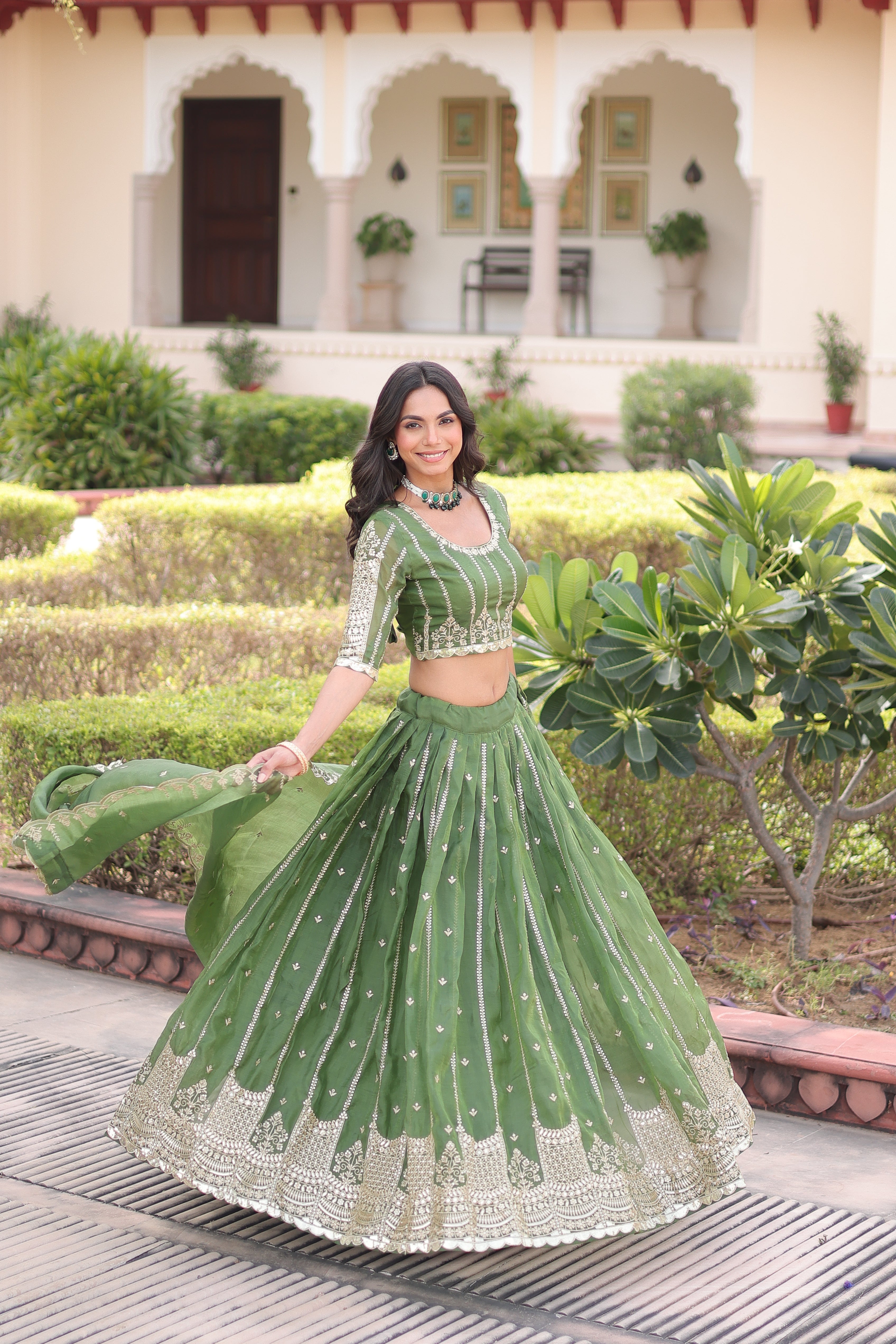 Vireen green gold crush lehenga choli with sequins zari embroidered work