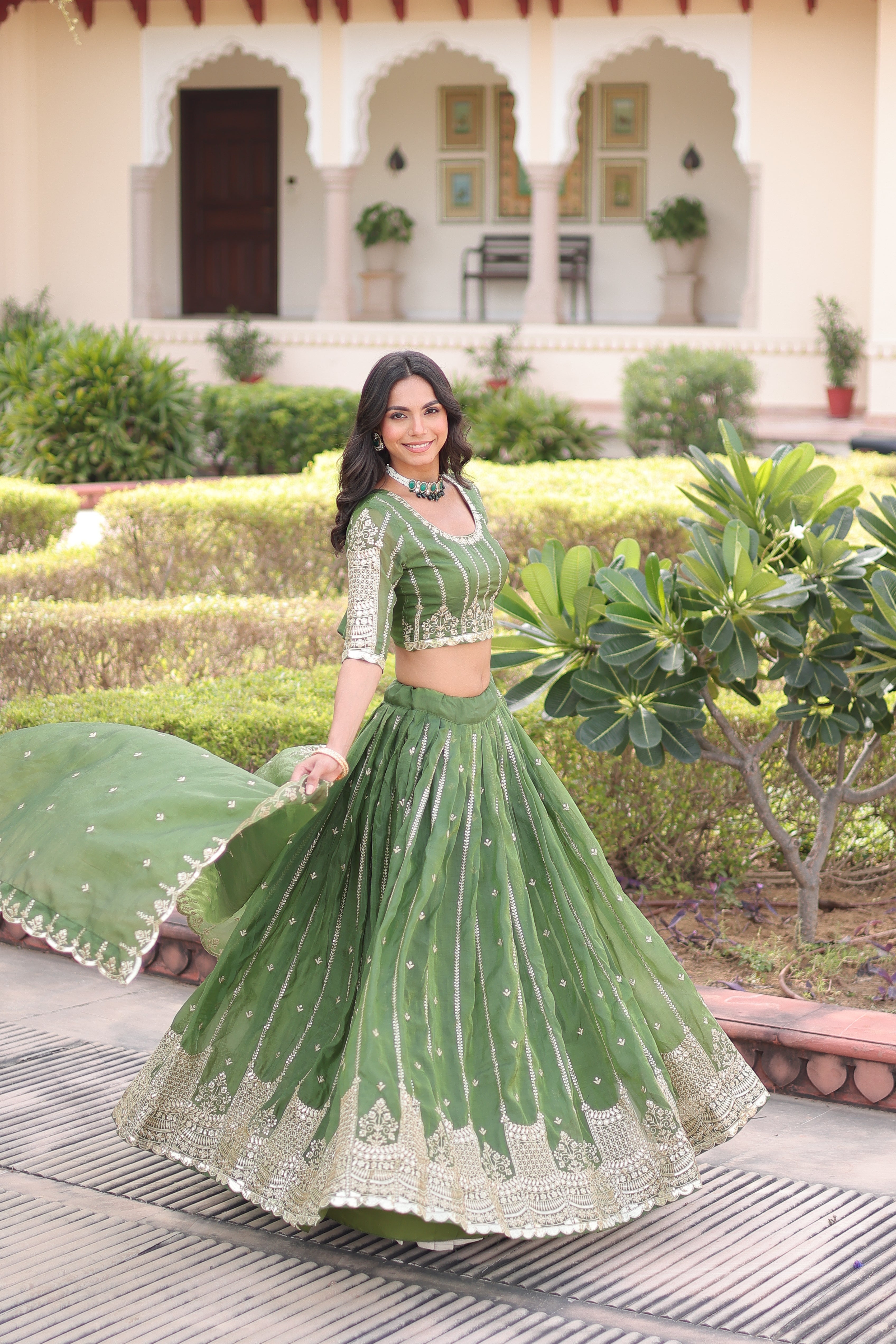 Vireen green gold crush lehenga choli with sequins zari embroidered work