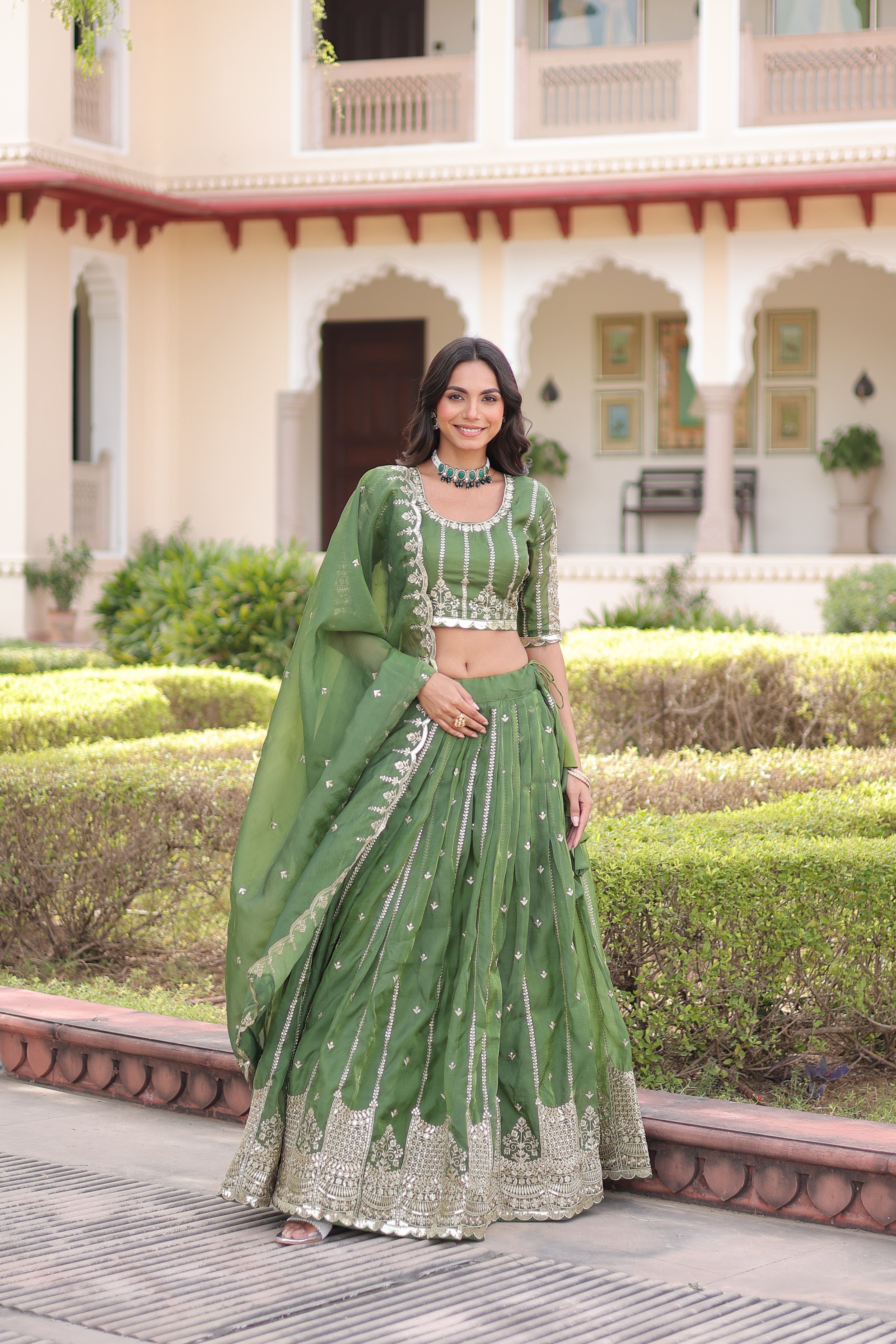 Vireen green gold crush lehenga choli with sequins zari embroidered work
