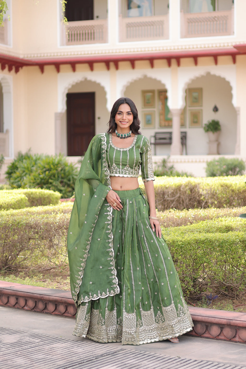 Vireen green gold crush lehenga choli with sequins zari embroidered work