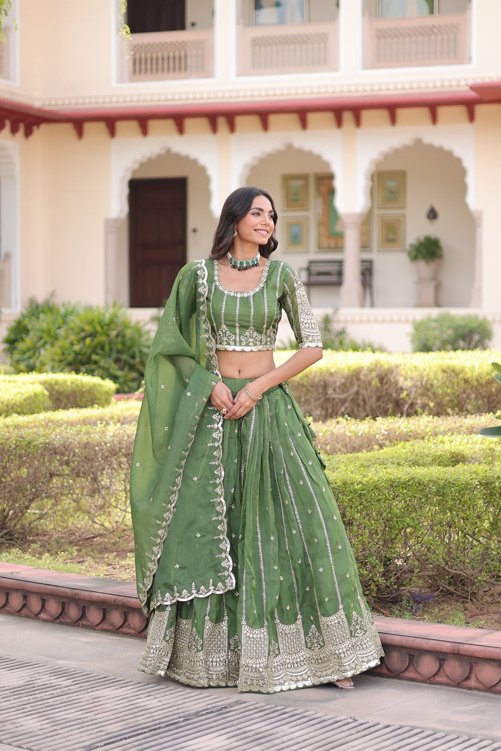 Vireen green gold crush lehenga choli with sequins zari embroidered work