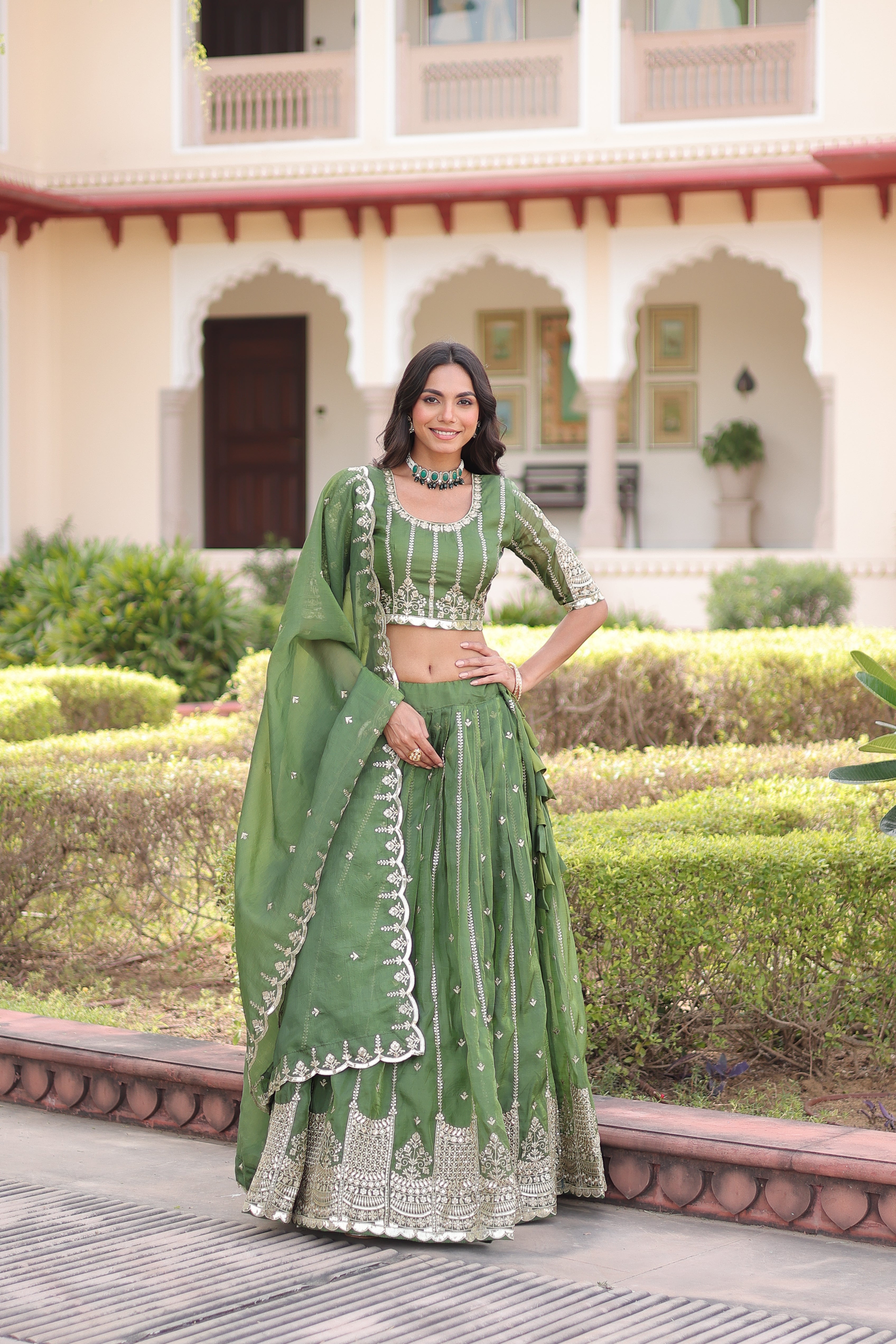 Vireen green gold crush lehenga choli with sequins zari embroidered work