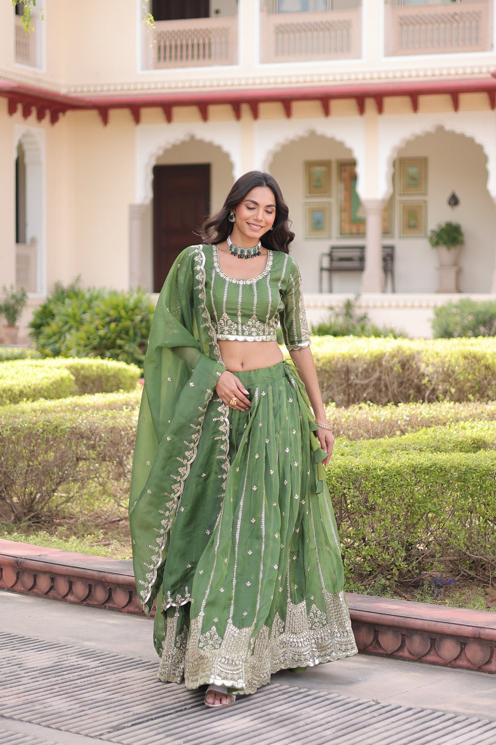 Vireen green gold crush lehenga choli with sequins zari embroidered work