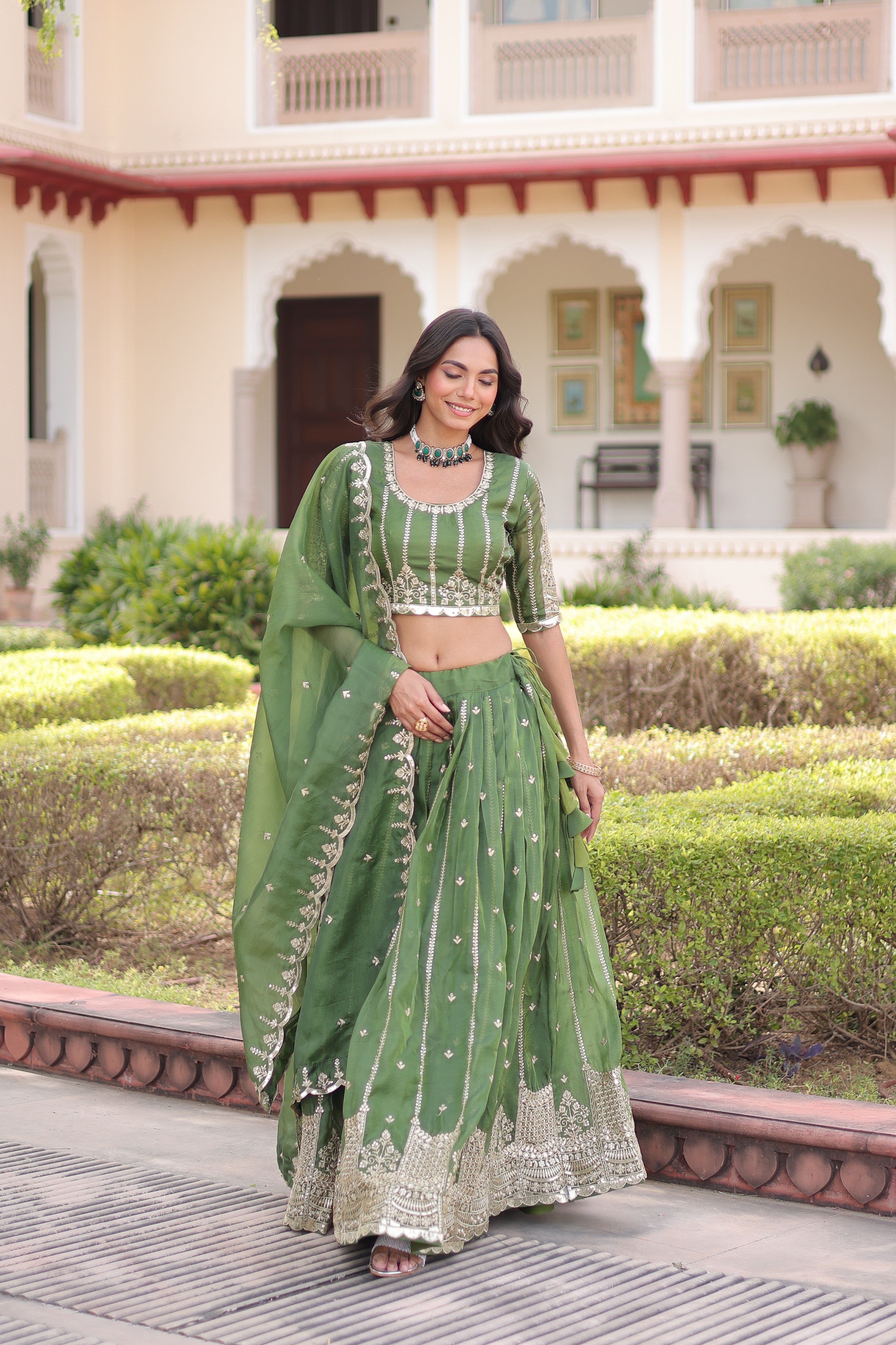 Vireen green gold crush lehenga choli with sequins zari embroidered work