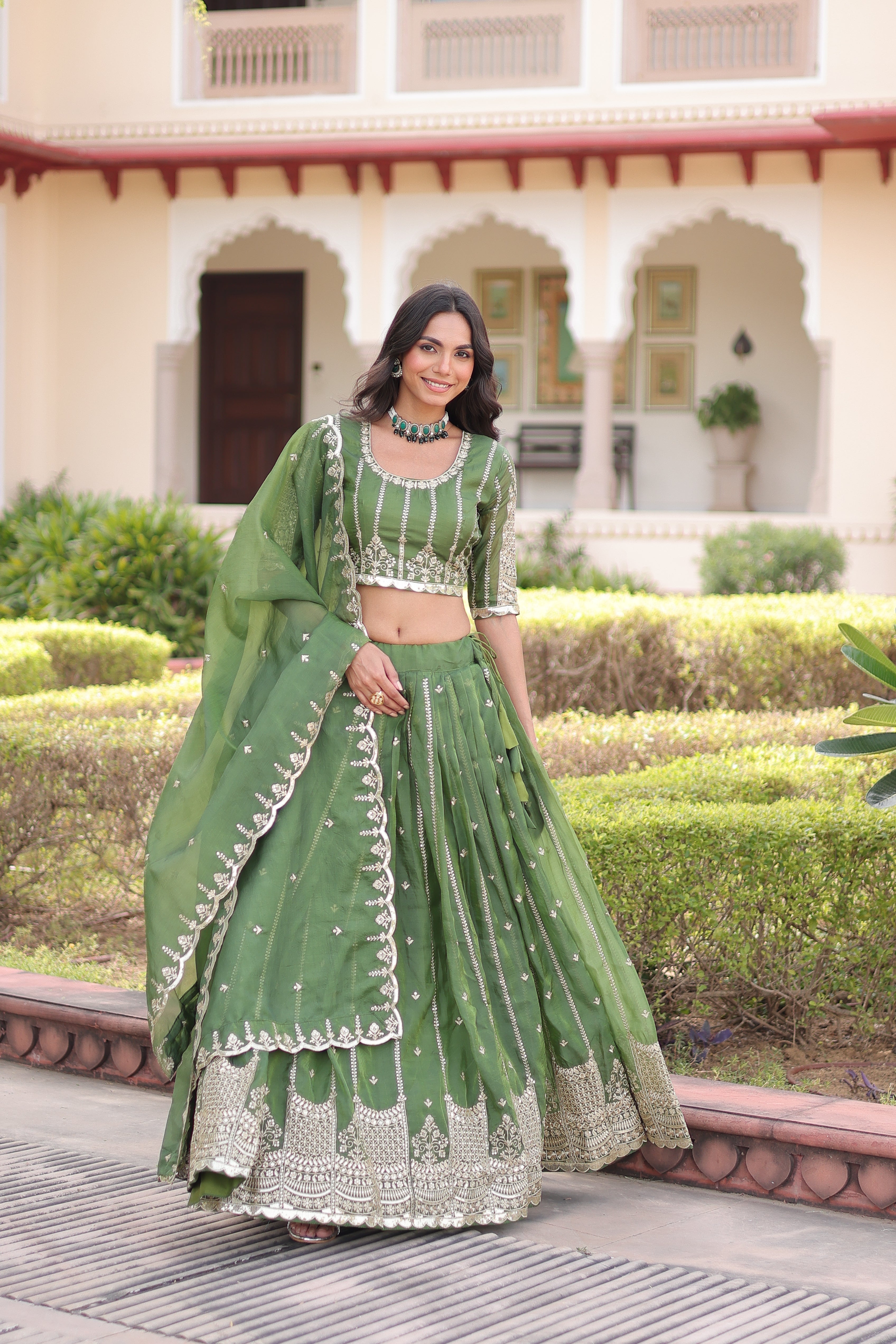 Vireen green gold crush lehenga choli with sequins zari embroidered work