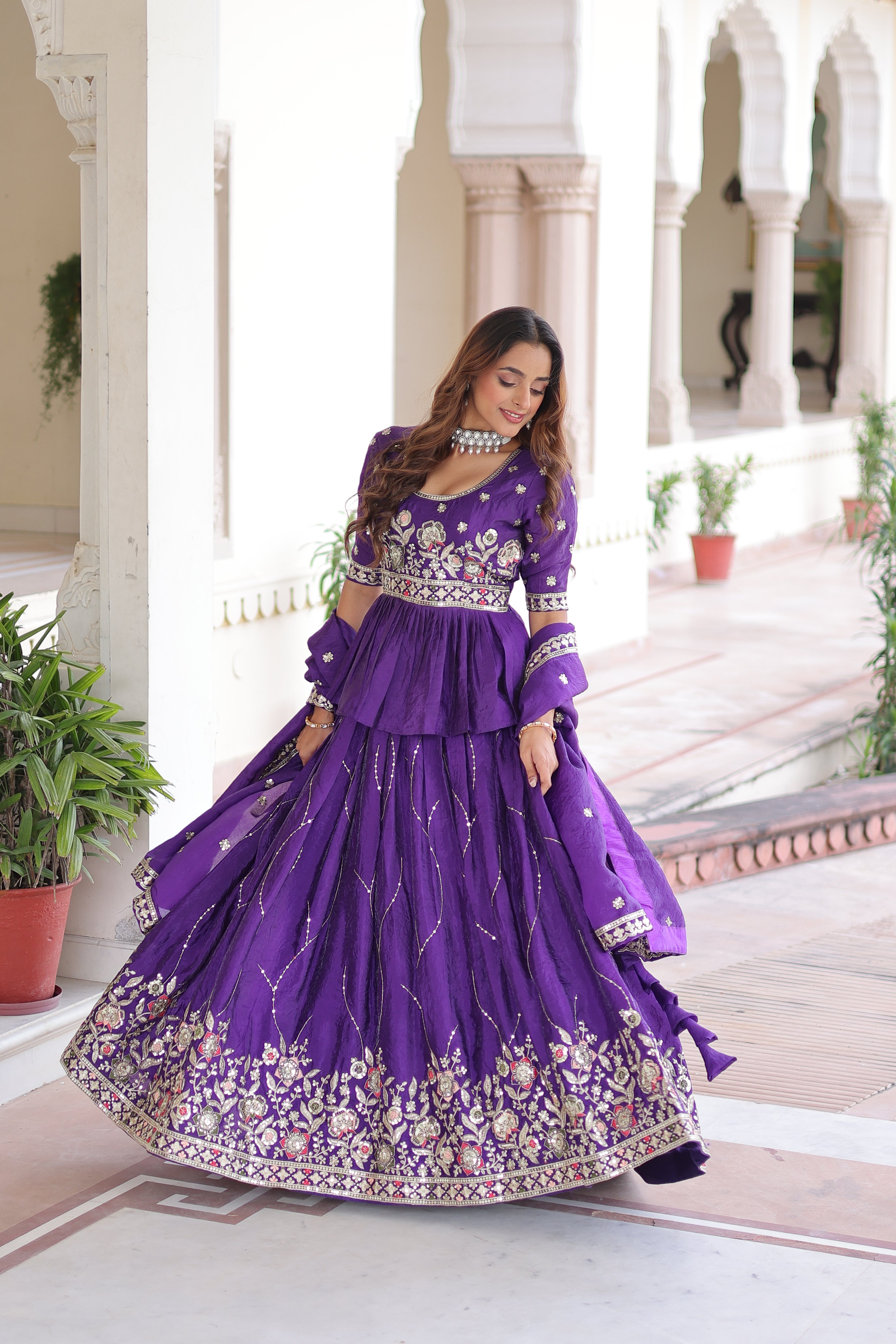 Nimi purple gold crush lehenga choli with embroidery zari sequins work