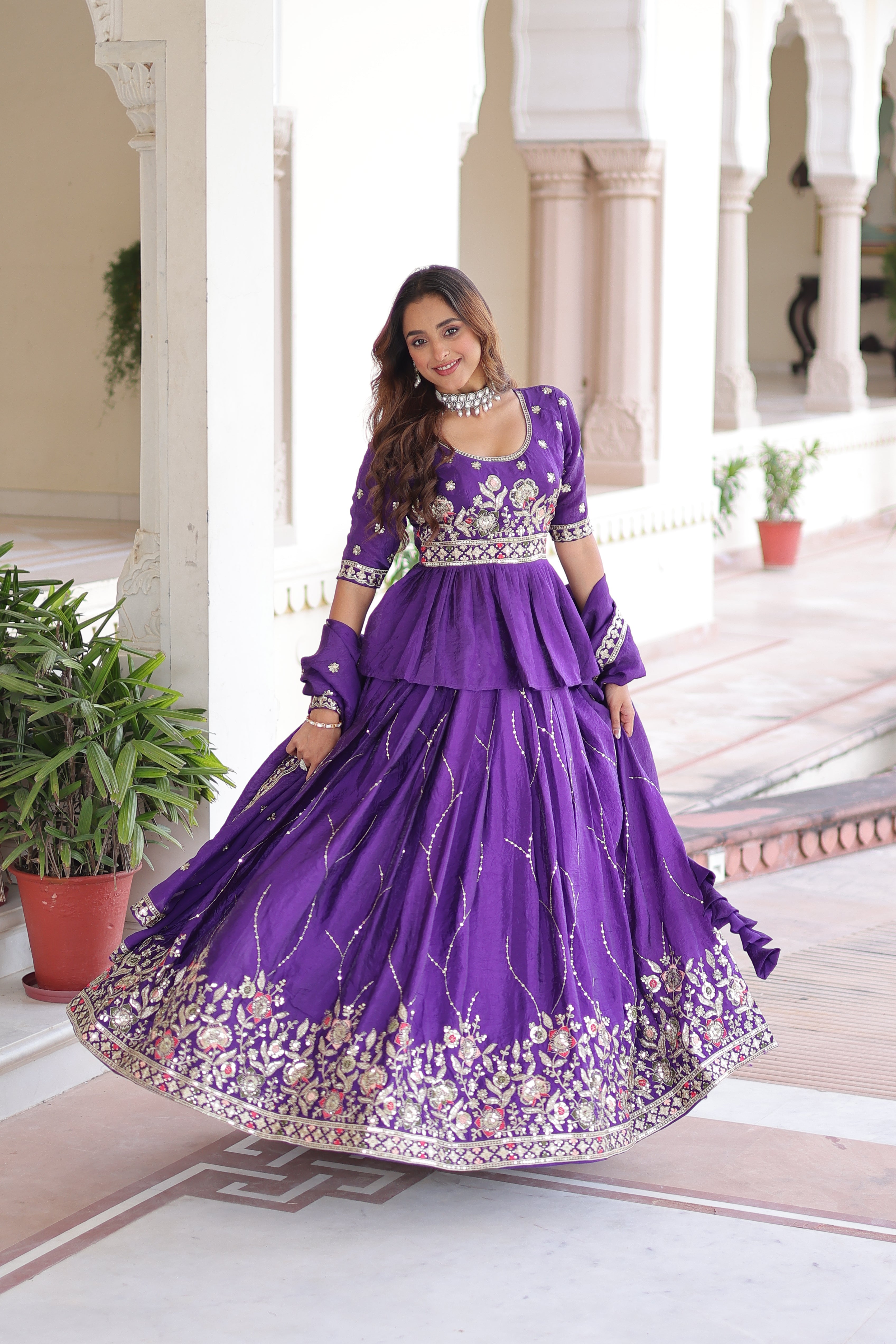 Nimi purple gold crush lehenga choli with embroidery zari sequins work