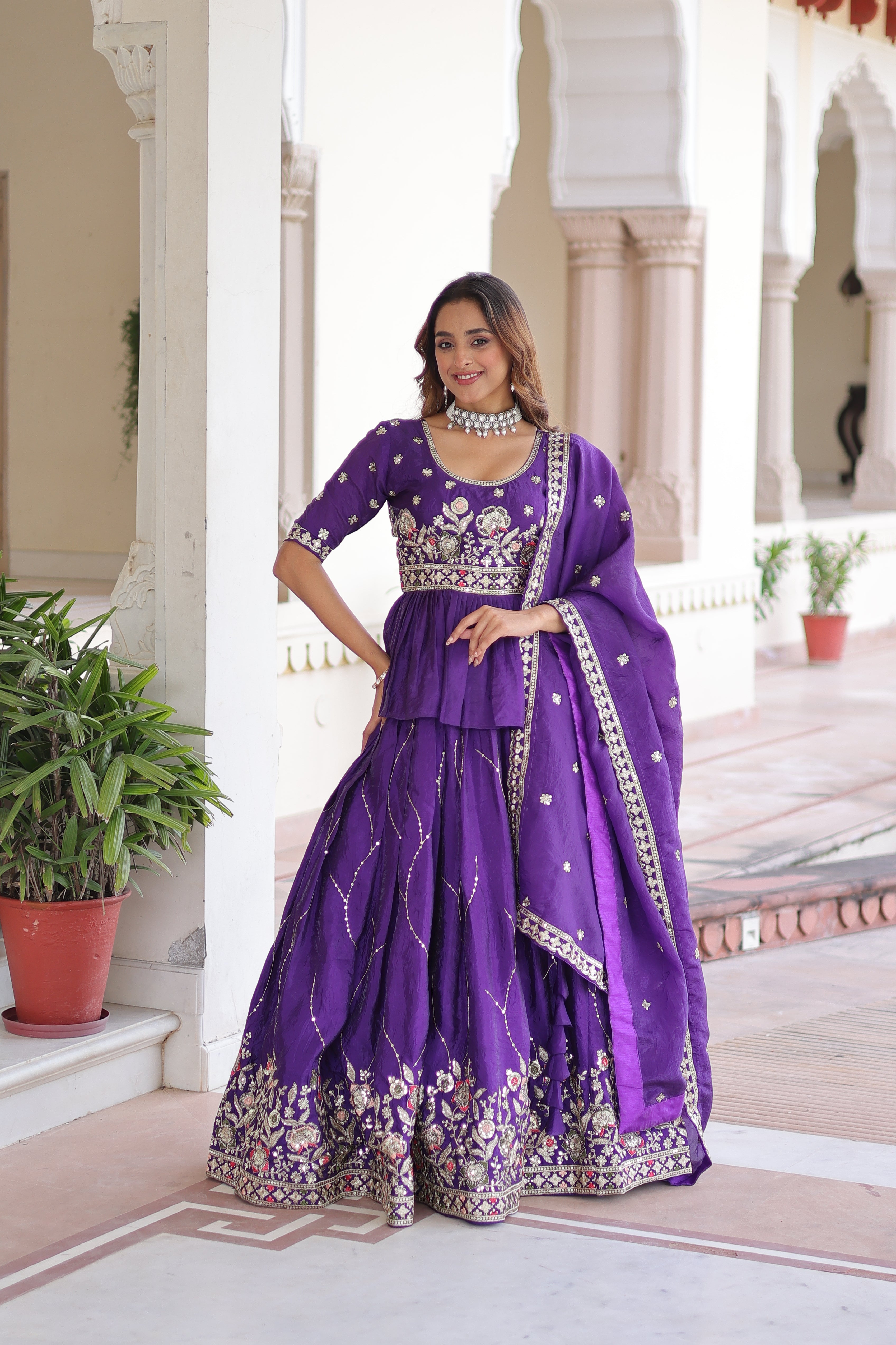 Nimi purple gold crush lehenga choli with embroidery zari sequins work