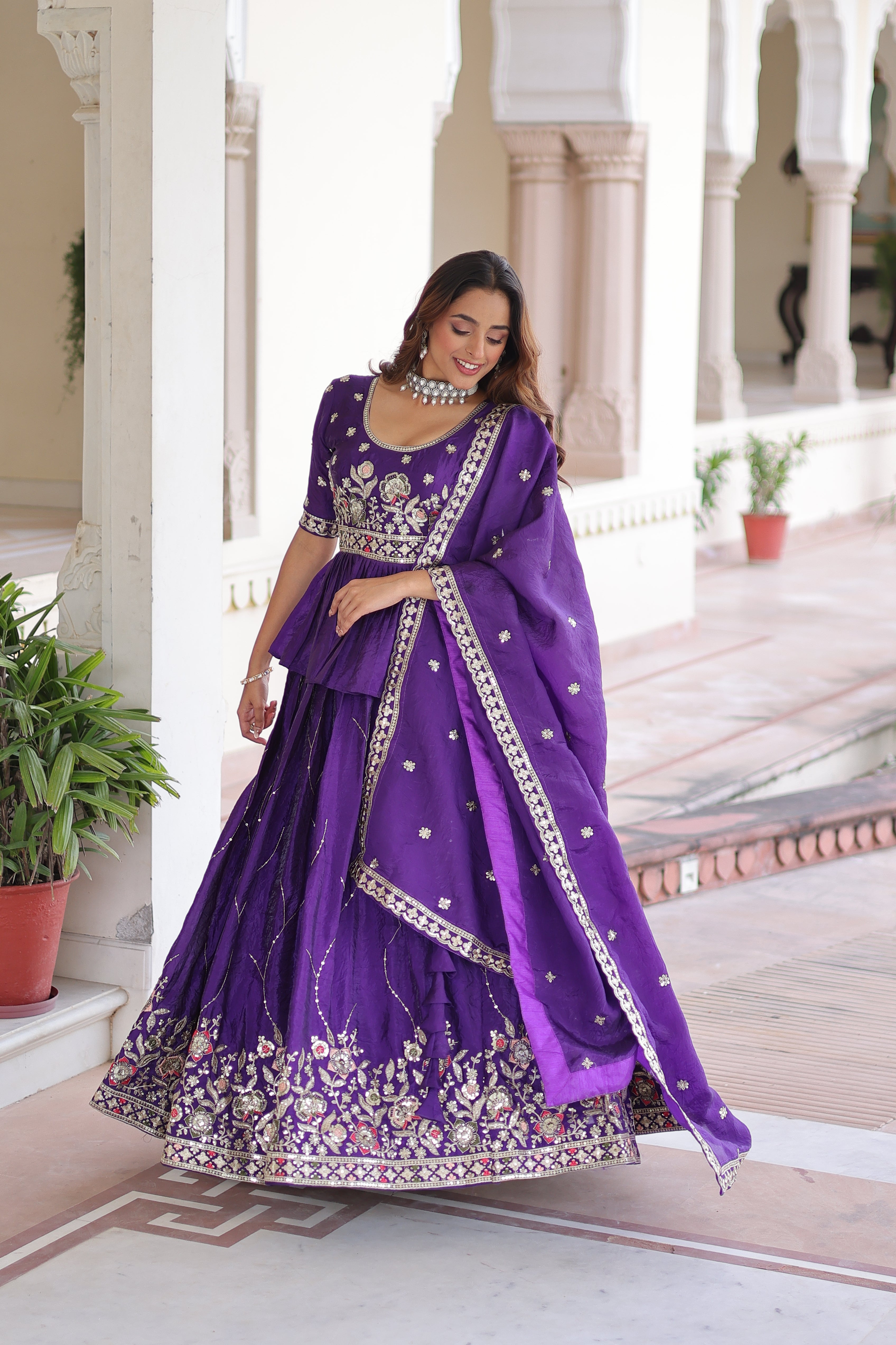 Nimi purple gold crush lehenga choli with embroidery zari sequins work