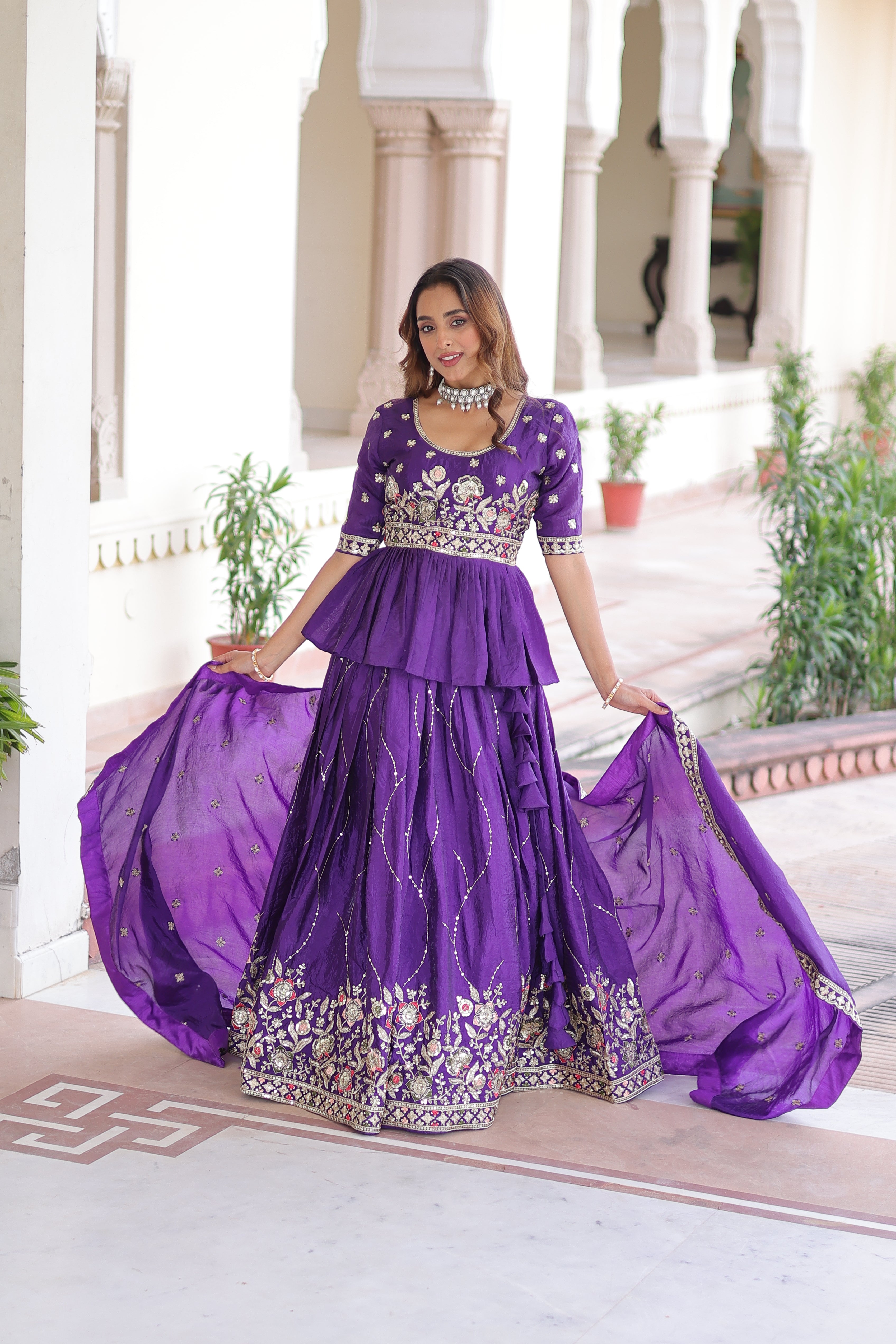 Nimi purple gold crush lehenga choli with embroidery zari sequins work