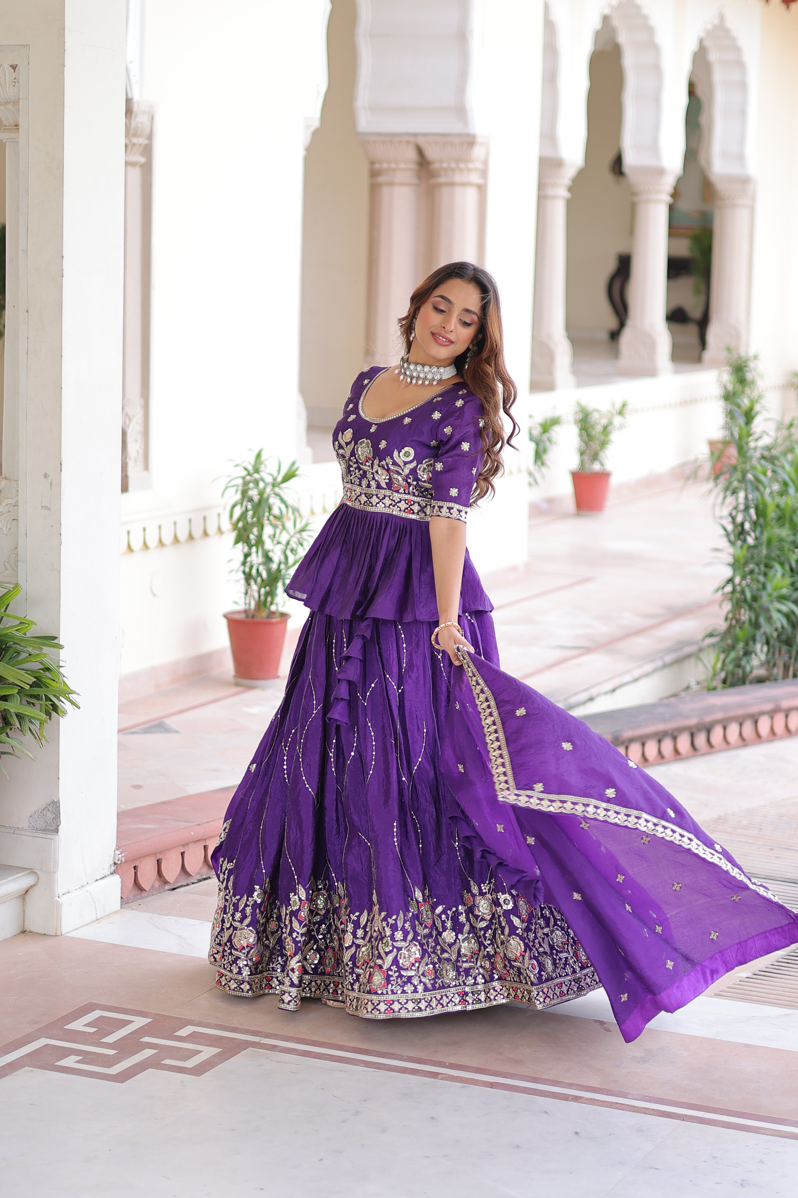Nimi purple gold crush lehenga choli with embroidery zari sequins work