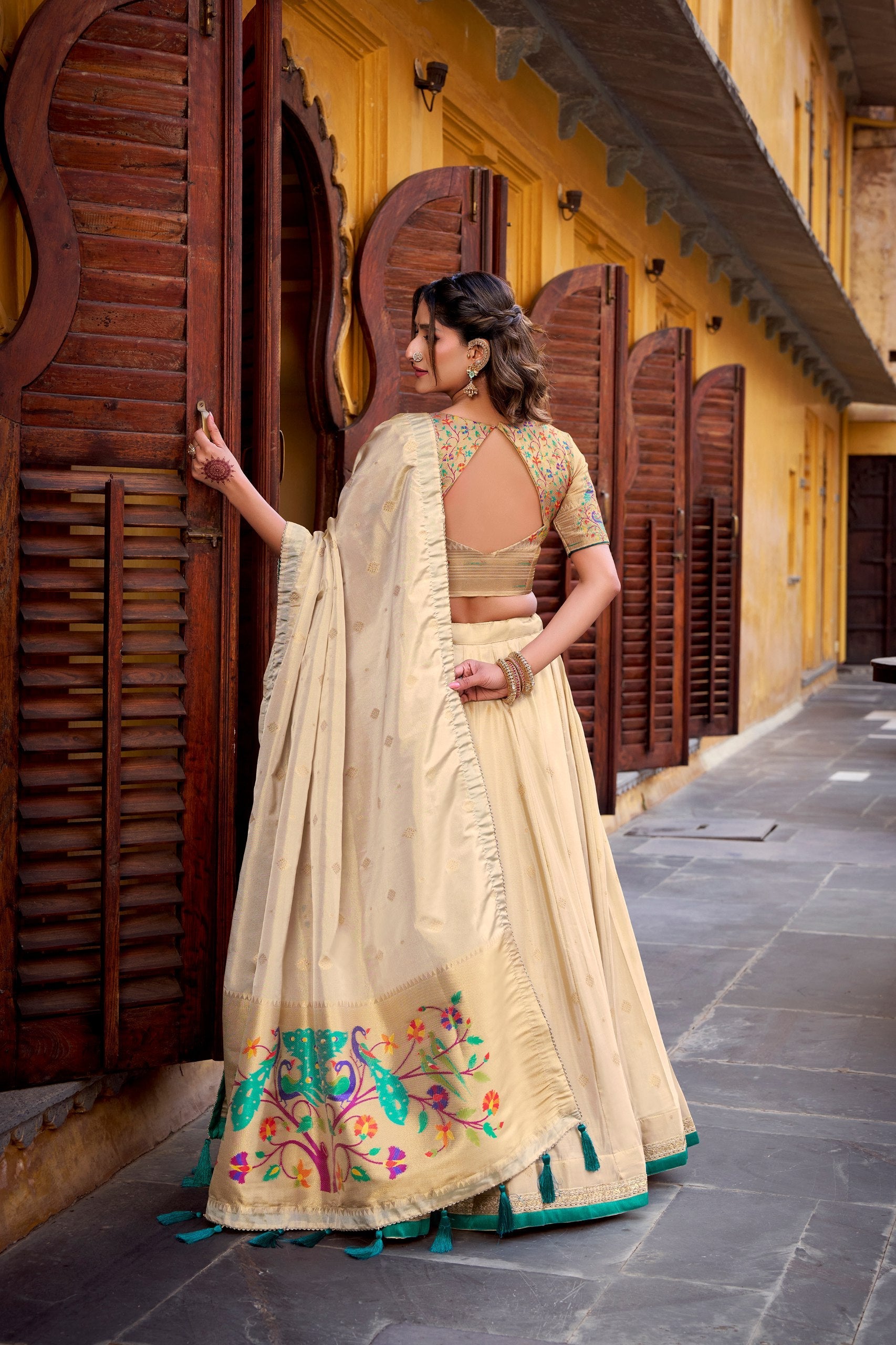 Kalyani cream shimmer paithani zari weaving green border lehenga choli set